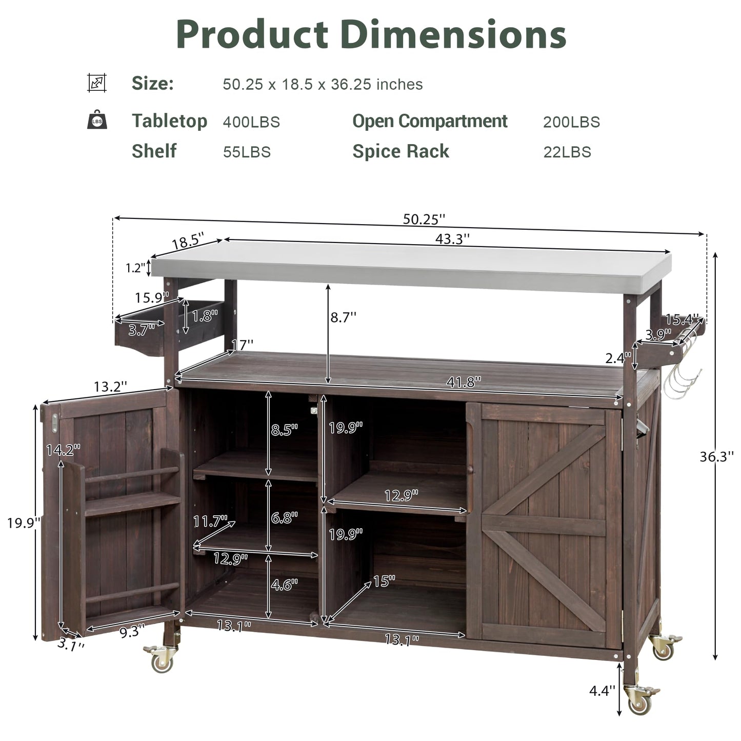 Jintop 50.25" Kitchen Island Rolling Bar Cart & Storage Cabinet, Farmhouse Solid Wood Outdoor Grill Table with Stainless Steel Top and Spice, Towel Rack for BBQ,Dark Brown