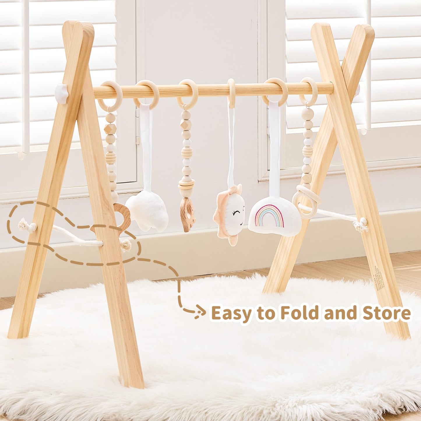 Foldable Wooden Baby Play Gym, Activity Center with 6 Sensory Hanging Toys Natural Wood Montessori Toys for Babies Indoor Gym, No-Tool Assembly Newborn for Infant Motor Development