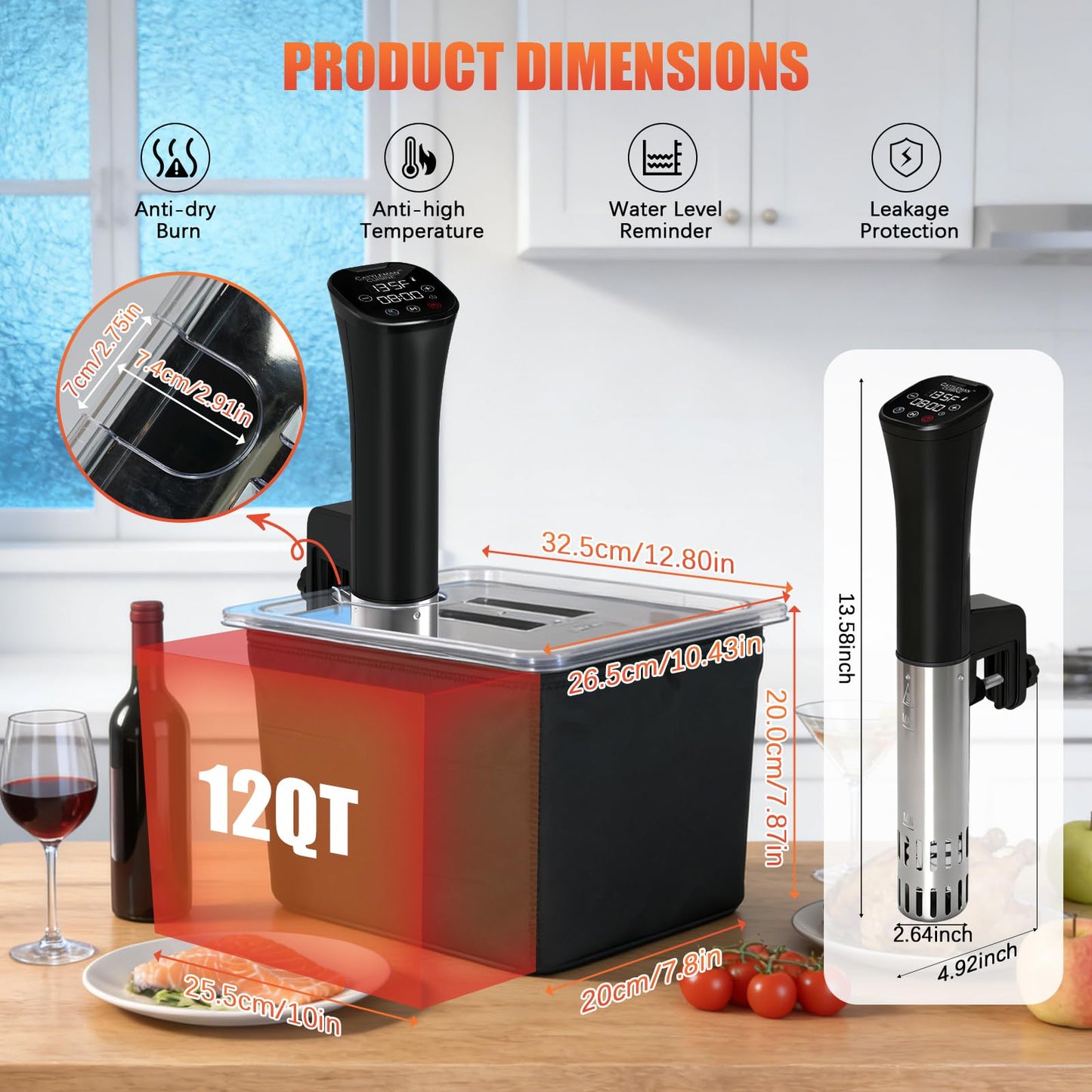 Sous Vide Precision Cooker, Wine Chiller, 1000W, Sous Vide Kit for Kitchen, Immersion Circulator, Sous Vide Container 12 Quart with Lid & Neoprene Sleeve, Accurate Temp & Timer, Fast Heating