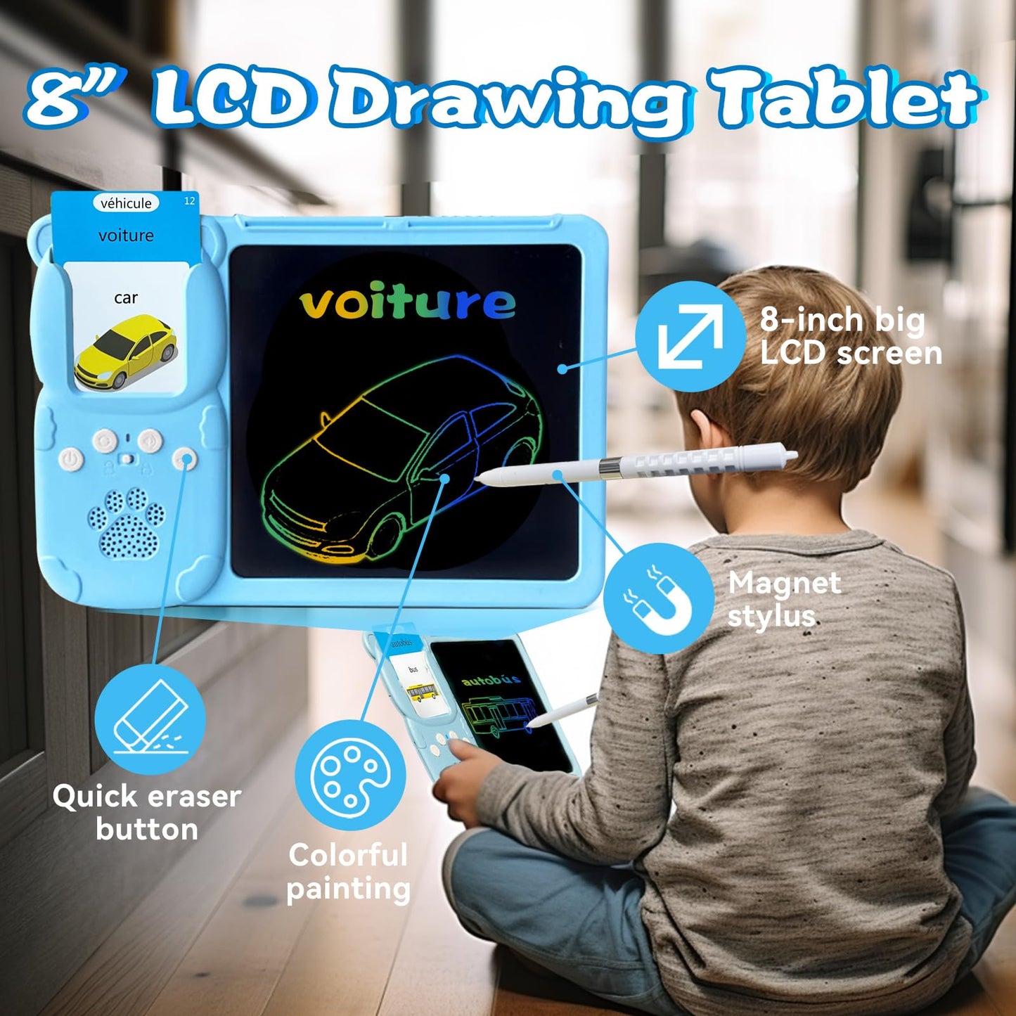 KILOGOGRAPH LCD Writing Tablet for Kids 3-12 - Talking English French Flash Cards, Bilingual 510 Sight Words, Toddler Pocket Speech, Learning Drawing Pad Board, Autism Toys for Children Boys (Blue)