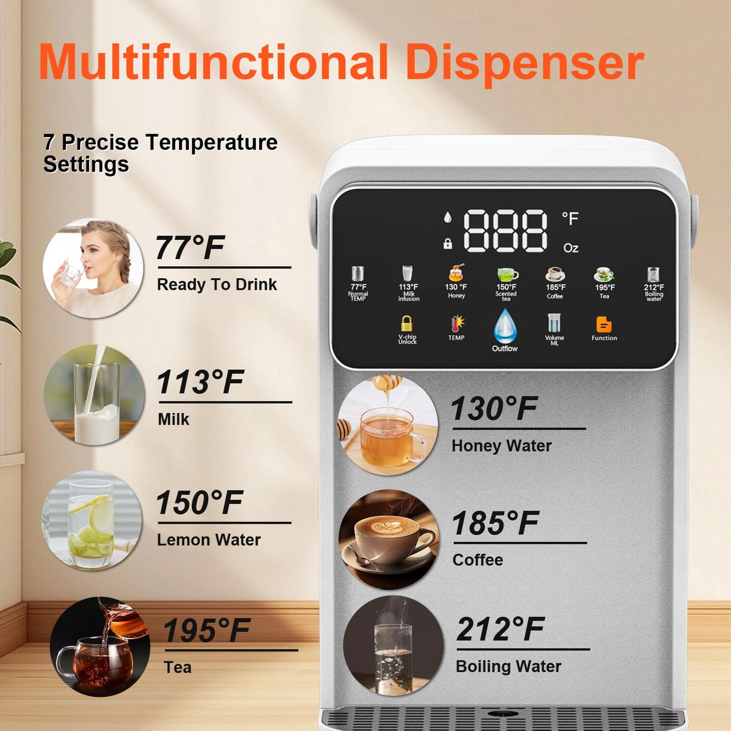 Instant Hot Water Dispenser Countertop for Rapid Heating & Quiet Design Adjustable 7 TEMP & 7 Water Volume Dispense 0.8Gal/3L Removable Water Tank with Carrying Handle BPA Free Fit Kitchen Counter