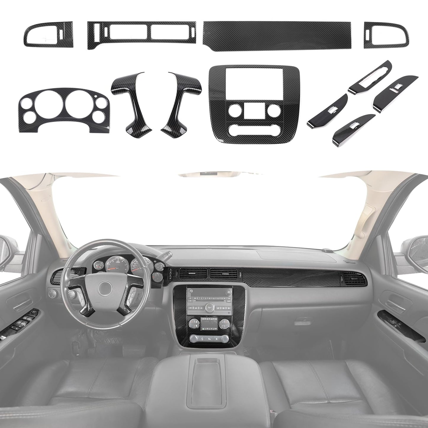 RT-TCZ Carbon Fiber Interior Trim Kit Cover Center Console Decoration Accessories for Chevy Avalanche/Suburban/Tahoe 2007-2013,for GMC Yukon/Sierra 2007-2013,12PCS