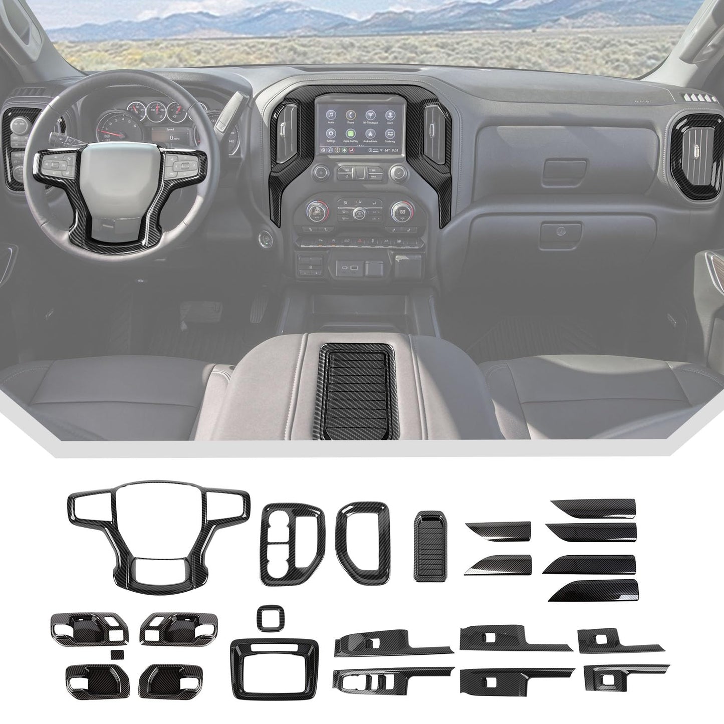 JeCar 24pcs Carbon Fiber Interior Trim Kit for 2019-2021 Chevrolet Silverado Interior Accessories