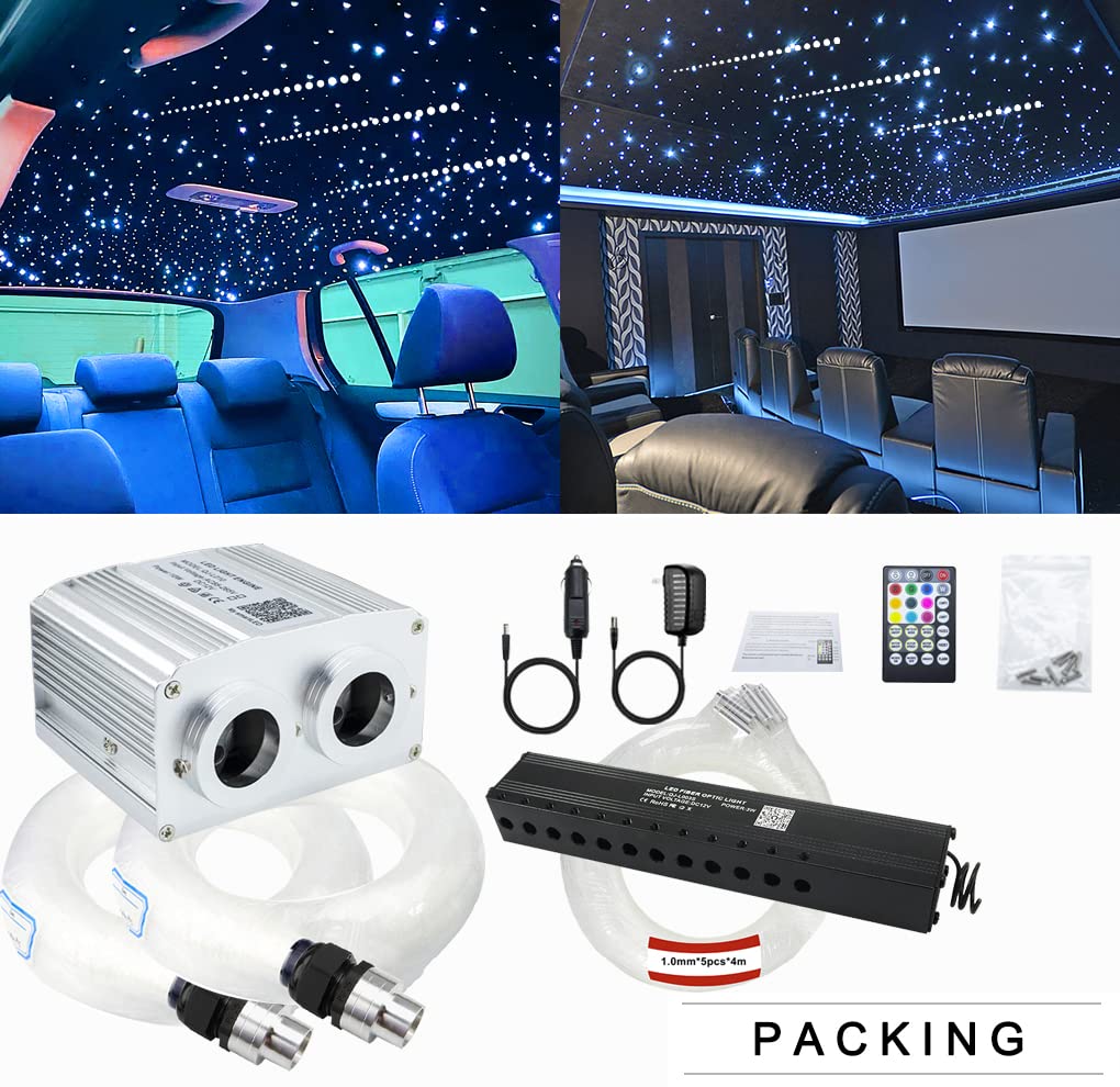 AZIMOM Dual Port 16W Twinkle Bluetooth Fiber Optic Starlight Kit Mixed860pcs 13.1ft Strands +Meteor Shooting Star Sound Activated RGBW APP/Remote for Car Home Starlight Headliner Decor