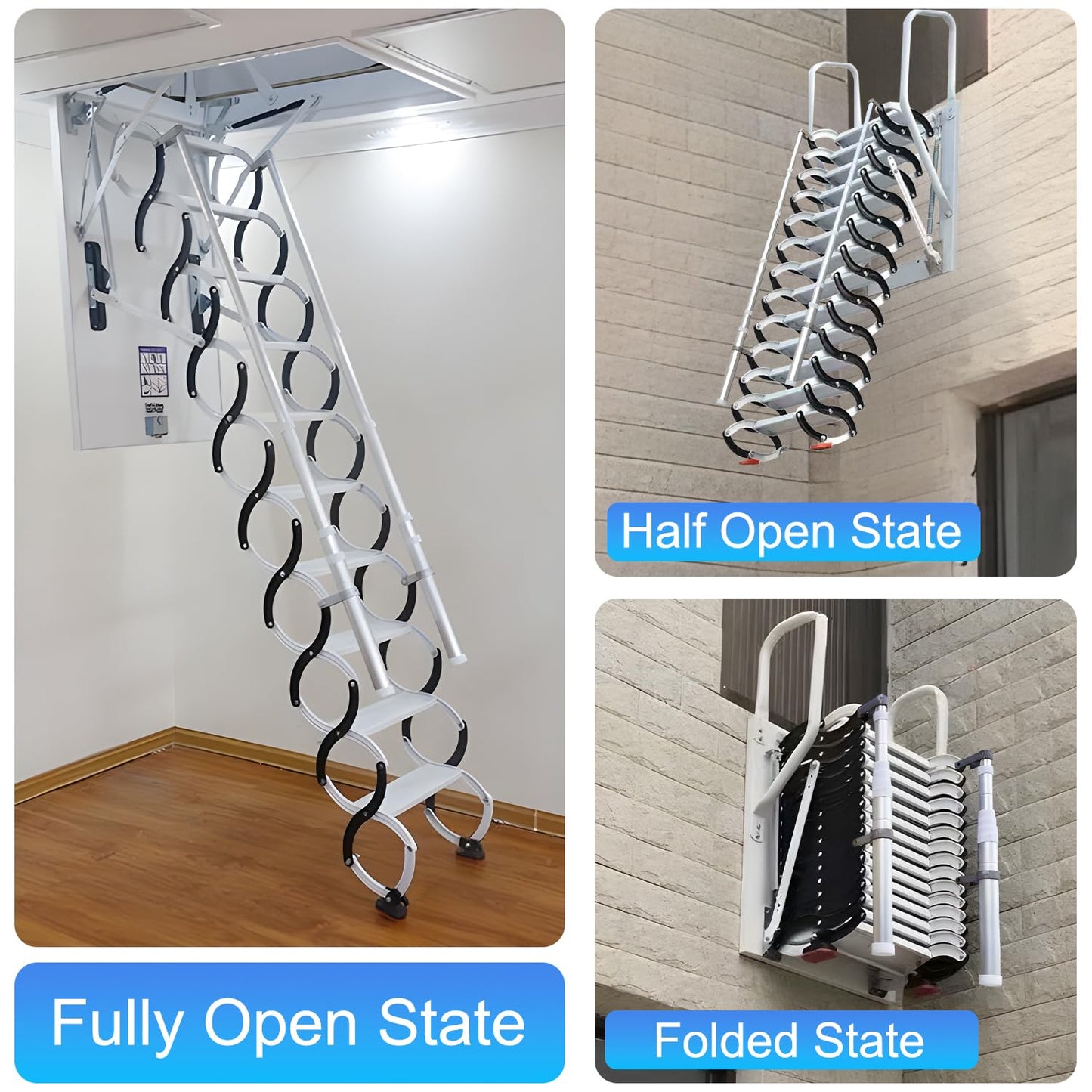 YIRCELOM Wall-Mounted Folding Stairs, 12 Steps, 3.2m Folding Loft Staircase with Handrails, Telescoping Attic Ladder with Pull Down System, Retractable Loft Ladder, Up to 600lbs, for Indoor Outdoor