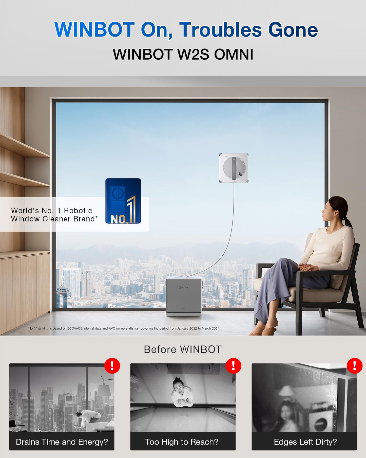 ECOVACS WINBOT W2S Omni Window Cleaning Robot, with 6-in-1 Multifunction Station, TruEdge Edge-to-Edge Precision, Triple Wide-Angle Spray Nozzles, 12-Level Safety System, Dual Power Modes