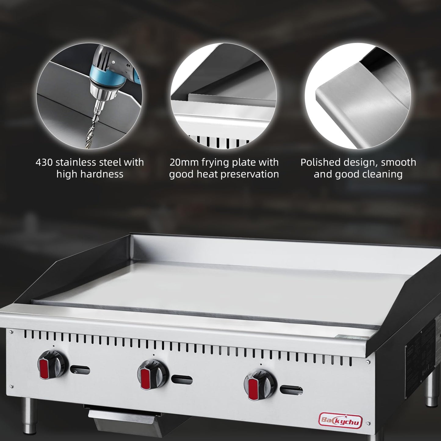Backychu Commercial Gas Griddle - 36" Countertop Griddle. 90,000 BTU Flat Top Griddle, Natural Gas (NG) / Propane, CSA Certified Stainless Steel Teppanyaki Grill for Restaurants