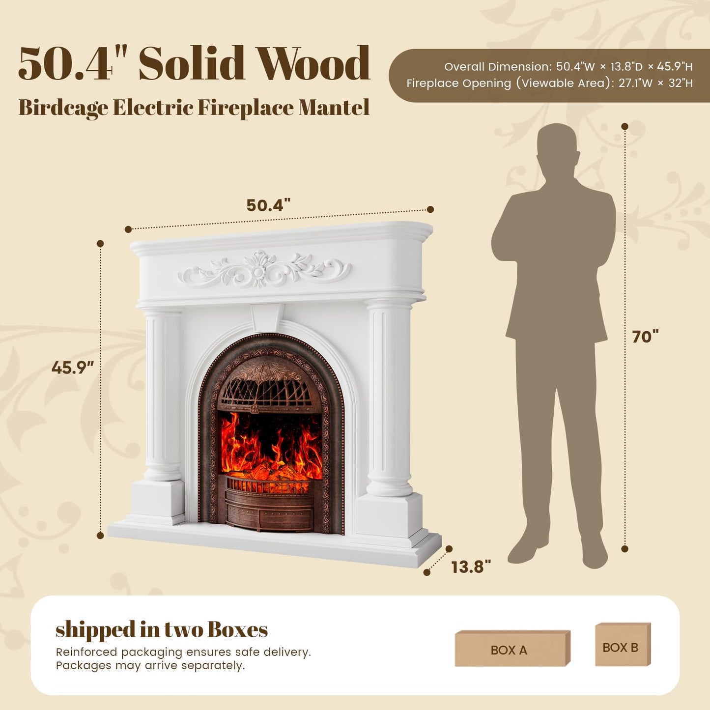 50” Solid Wood Electric Fireplace with Mantel, White Roman Column TV Stand with Bronze Birdcage Heater Insert, Elegant Fireplace for Living Room, Bedroom & Entryway