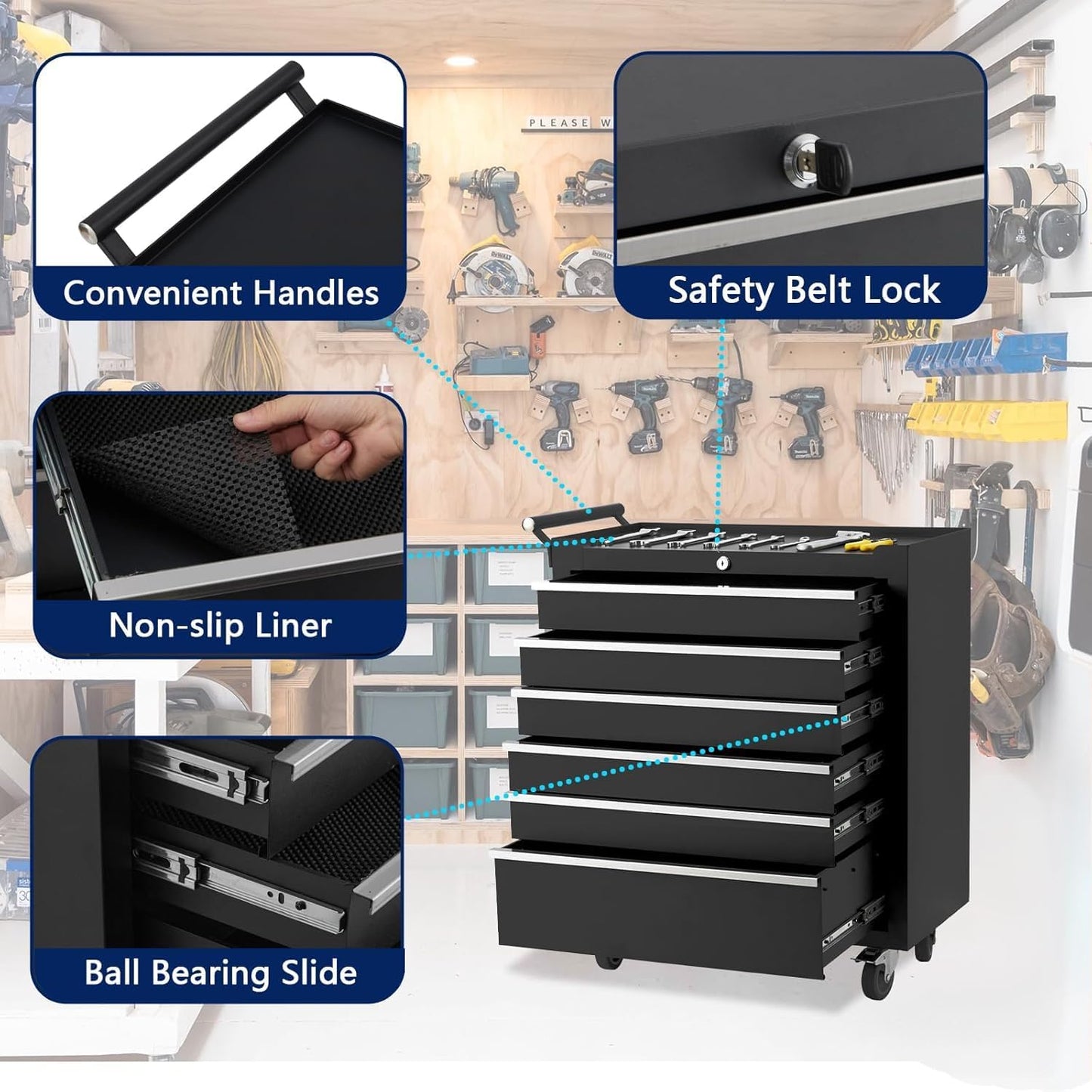 Rolling Tool Box with Wheels, 6 Drawer Tool Storage Cabinet, Portable Toolbox Organizer with Lock, Heavy Duty Tool Chest Cart for Garage, Mechanic, Workshop, Shop, Mobile Tool Organizer, Black