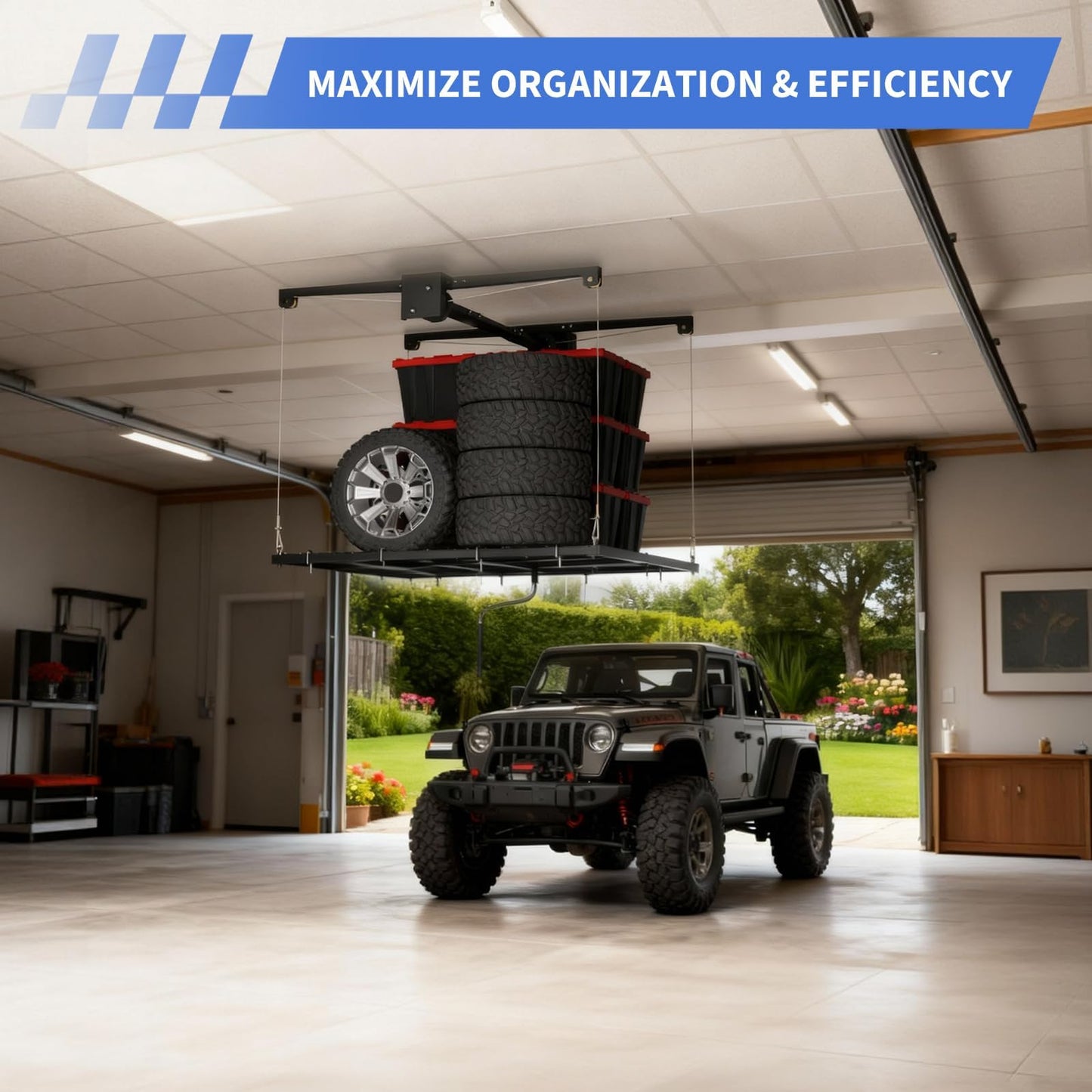 Overhead Garage Lifting Storage Rack, 4x4 ft Heavy-Duty Carbon Steel Ceiling Storage Rack, Adjustable Organization System, 350Lbs Safe Load (Tested to 600Lbs), Manual Crank Lift Design