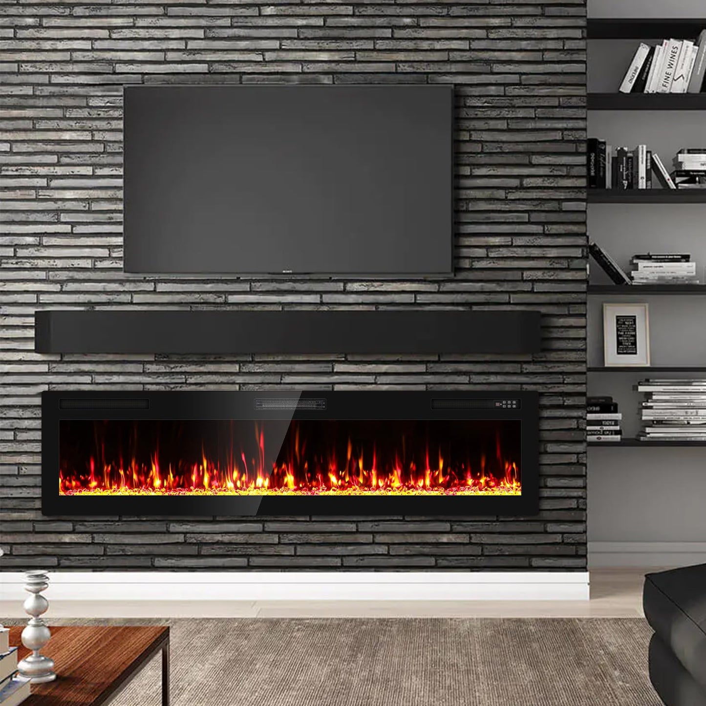 BREEZEHEAT 72" Slim Electric Fireplace Insert-ETL Certified Fireplace Ultra Thin, Recessed/Wall Mount, 3D Flame with Crystal, Remote & Touch, 750W/1500W (900 Sq.Ft), 8H Timer