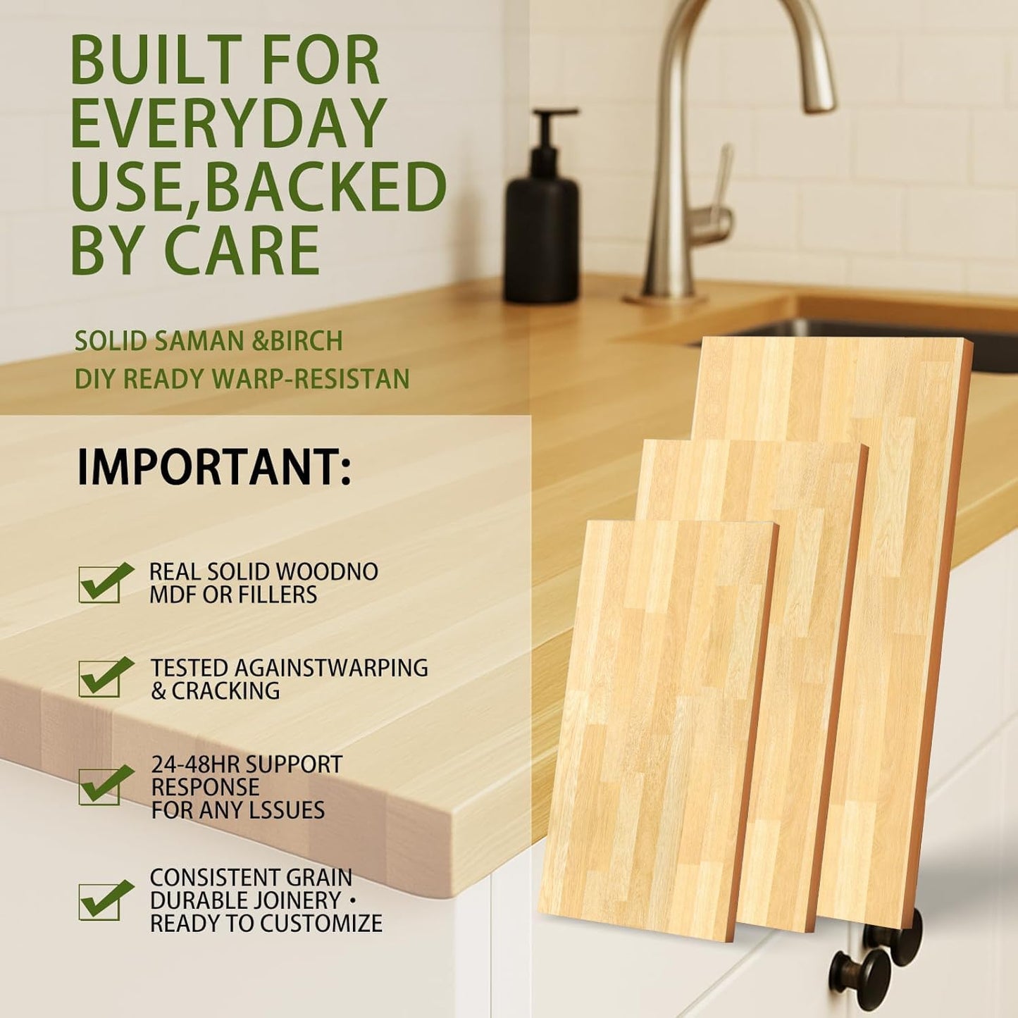 3ft Butcher Block Countertop– 36"x25" Solid Birch Wood DIY Countertop, Durable Counter Table Tops for Kitchen Island, Bar, Workshop, Laundry Counters Dining Room Tables 1.5" Thick Unfinished