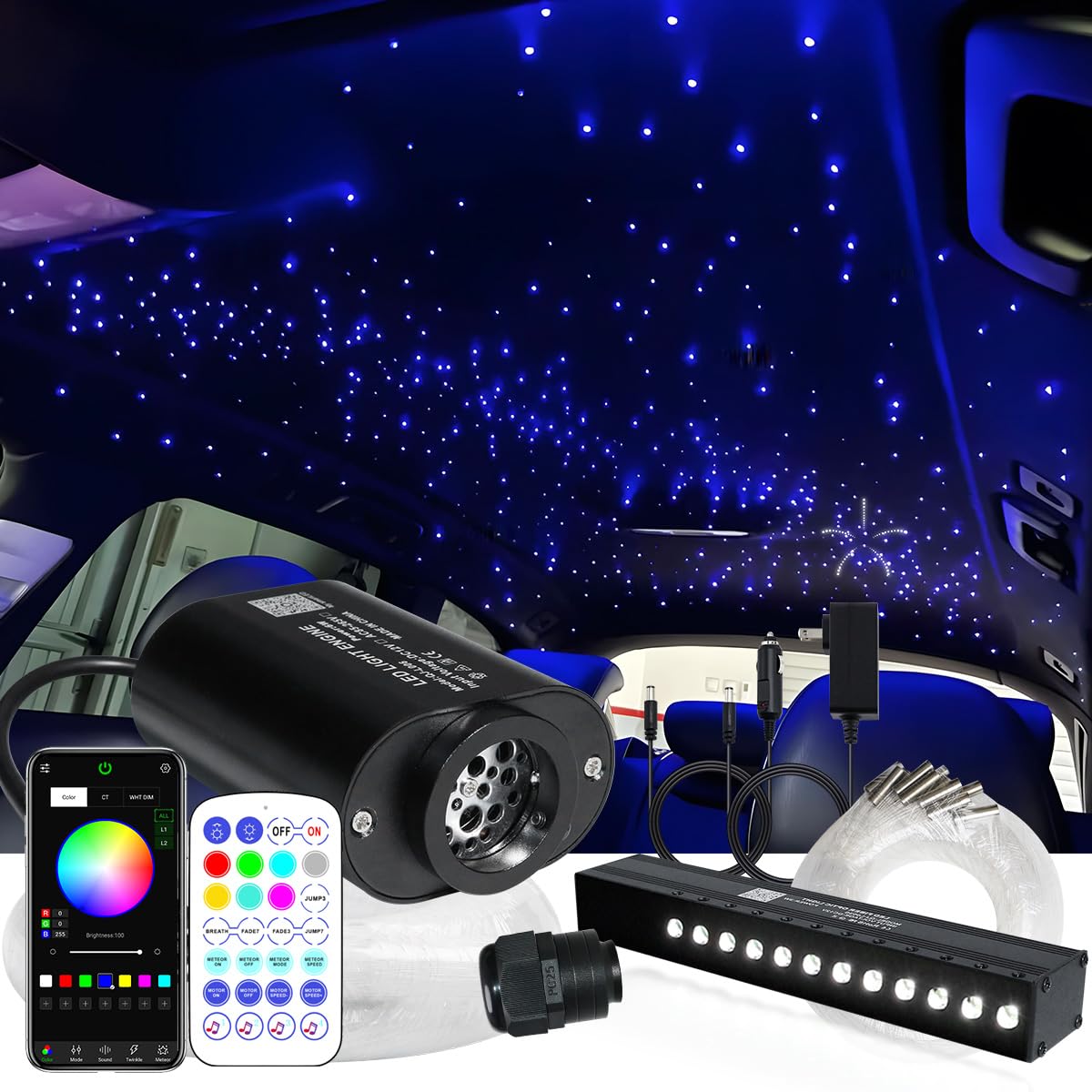 AZIMOM Mini 6W Twinkle 550pcs0.03in 9.8ft Fiber Optic Starlight Headliner+180pcs Fiber Pure White Meteor Shooting Star for Car Home, End Glow Fiber Strands Sound-Activated APP& Remote Control