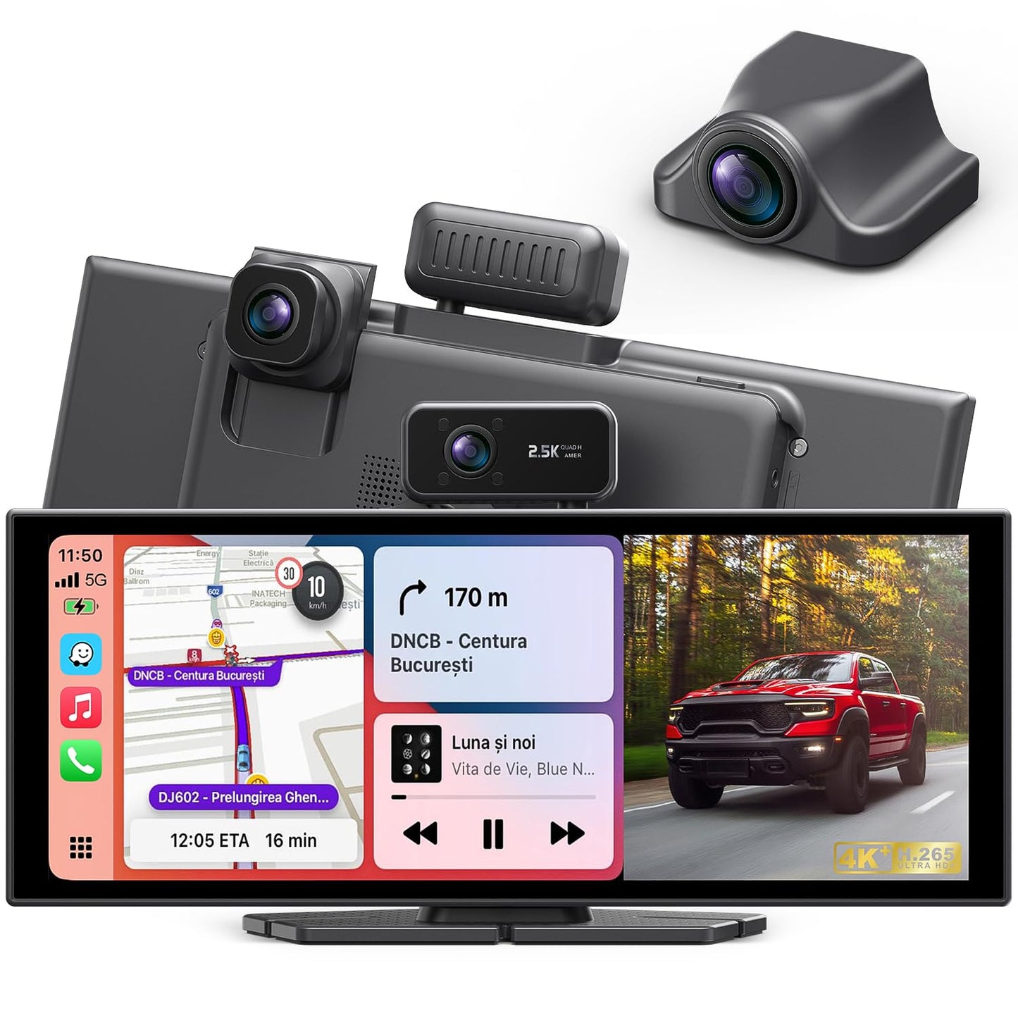 Portable Wireless CarPlay Screen, 10.26" Fully Laminated IPS Touch Screen Car Stereo with Wireless CarPlay & Android Auto, 4K Front 2.5K Rear Dash Cam,1080P Backup Camera,Super Link,Plug & Play