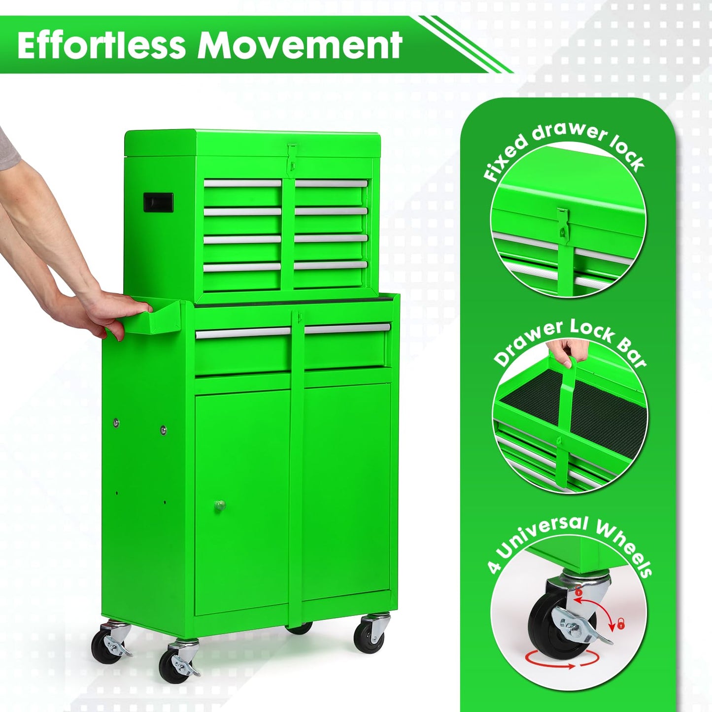 Dawmilon 5-Drawer Rolling Tool Chest with Wheels - Large Tool Storage Cabinet with Detachable Toolbox for Repair Room,Warehouse - Rolling Tool Box with Hooks,Liners, Green