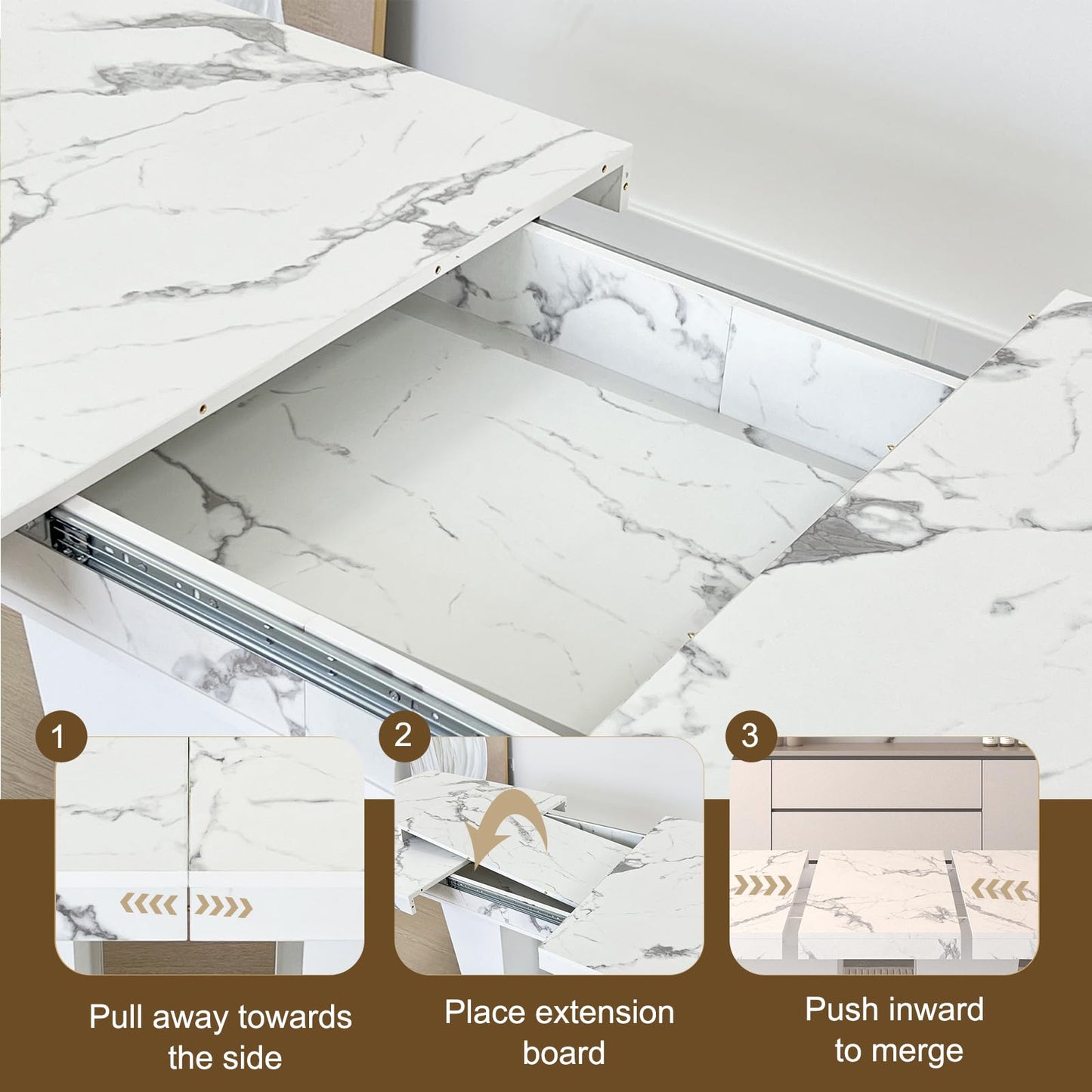 MELAABUU 9 Pieces White Extendable Dining Table Set, 63"-78.74" Expanding Modern Kitchen and Dining Room Table Set for 8, Rectangle Faux Marble Extendable Dining Table& Beige Velvet Upholstered Chairs