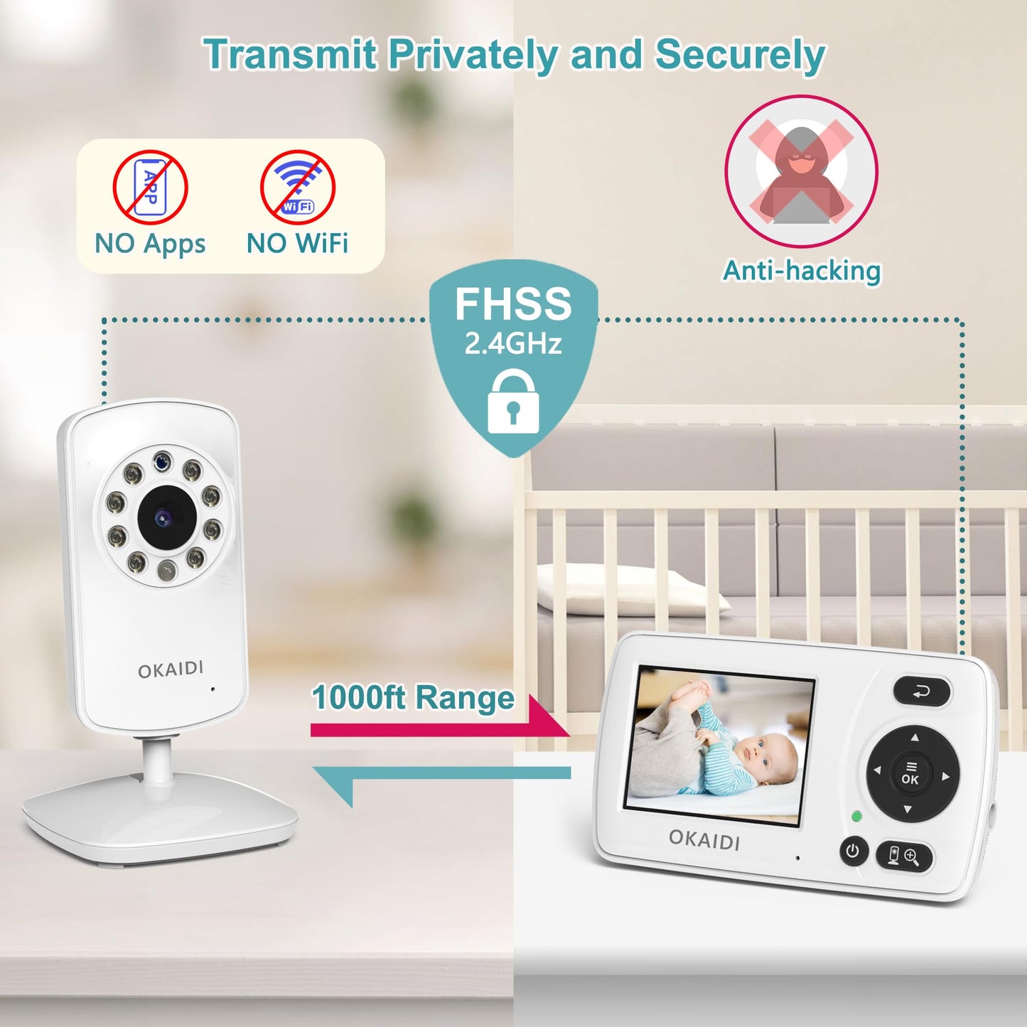 OKAIDI Video Baby Monitor with Camera and Audio, 2.4'' Portable Travel Baby Monitor No WiFi, Infrared Night Vision, VOX Mode, 1000ft Long Range, Ideal for Baby/Pet/Elderly