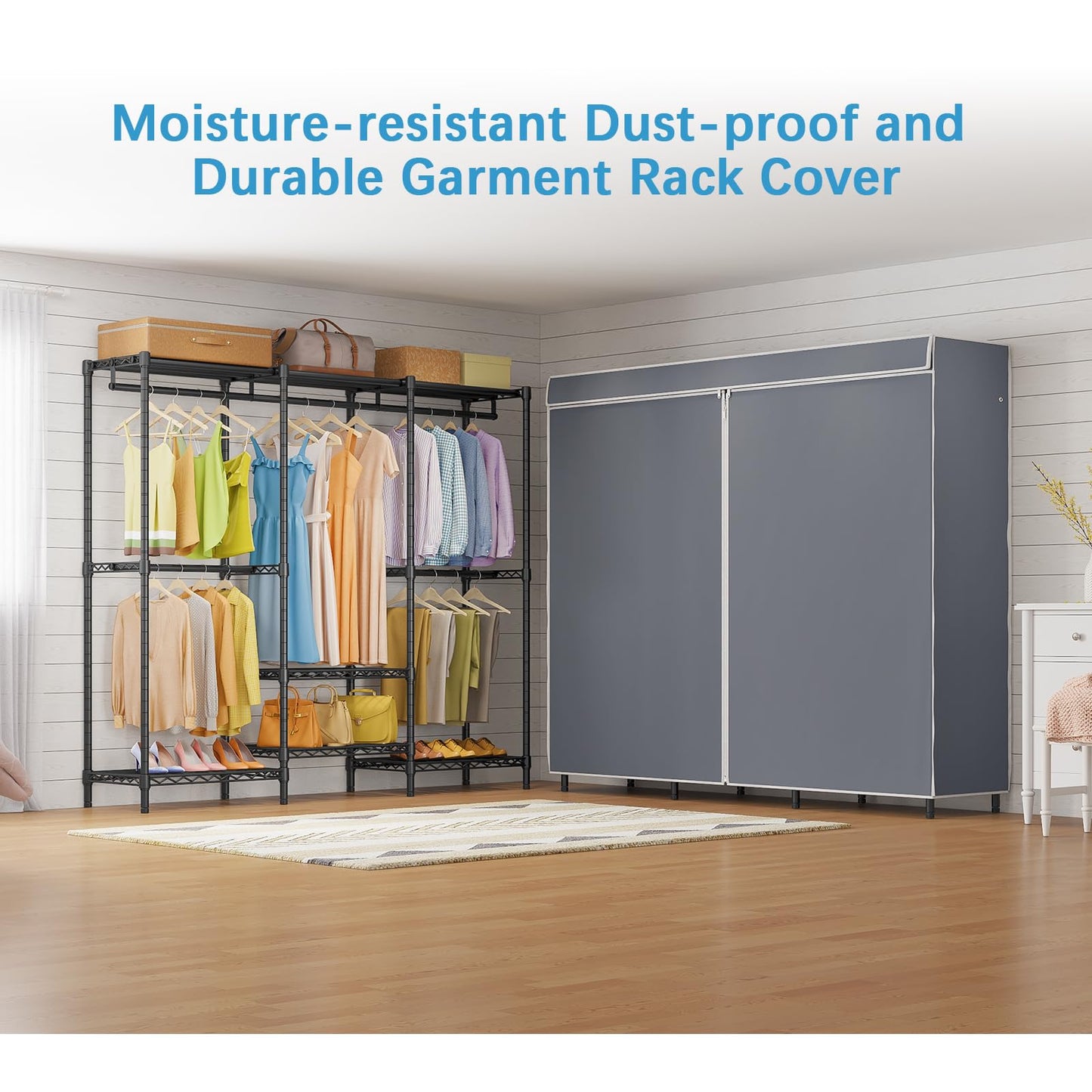 VIPEK V5C SE Covered Garment Rack Heavy Duty Clothes Rack with Cover and Adjustable Shelves, Freestanding Portable Closet Racks Clothes Storage Wardrobe Closets, Black Clothing Racks with Grey Cover