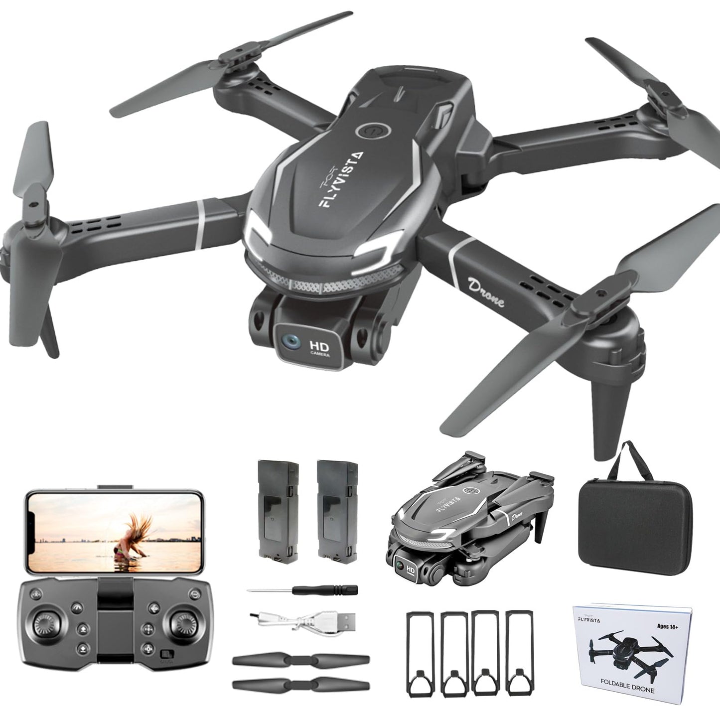 FLYVISTA Cool Mini Drone with Camera for Kids Adults Beginners, 1080P FPV Camera Remote Control Drone for Kids with 2 Batteries, One-Click Take Off/Landing, Altitude Hold, Headless Mode, 360° Flips, 3-Gear Speeds , Emergency Stop, Toys Gifts for Adults Be