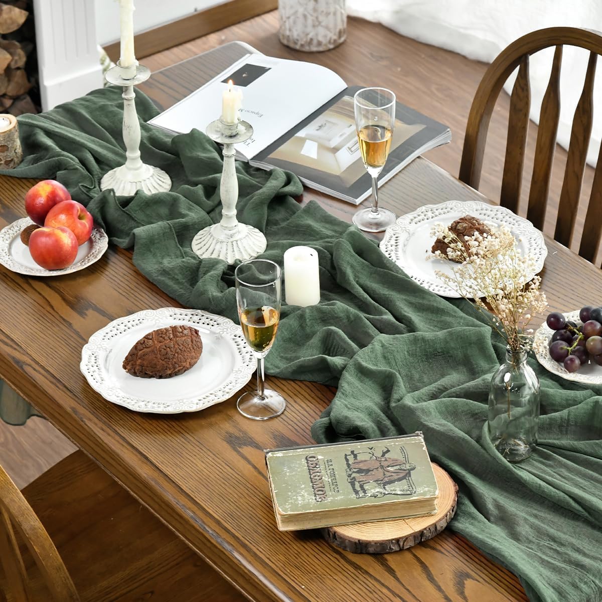 Artoid Mode Boho Forest Green Gauze 3 Pieces Wedding Table Runner, 120 Inch Birthday Fabric Kitchen Dining Holiday Table Decor for Home Party Indoor