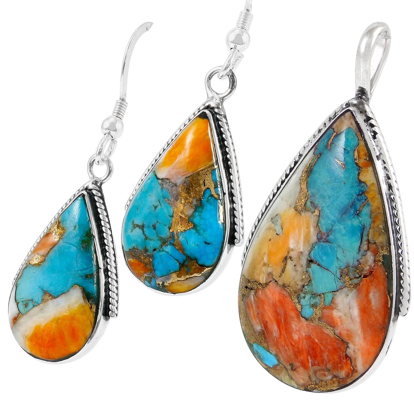 Genuine Gemstones Necklace Earrings Pendant Set 925 Sterling Silver (24" Length) (Spiny Turquoise)