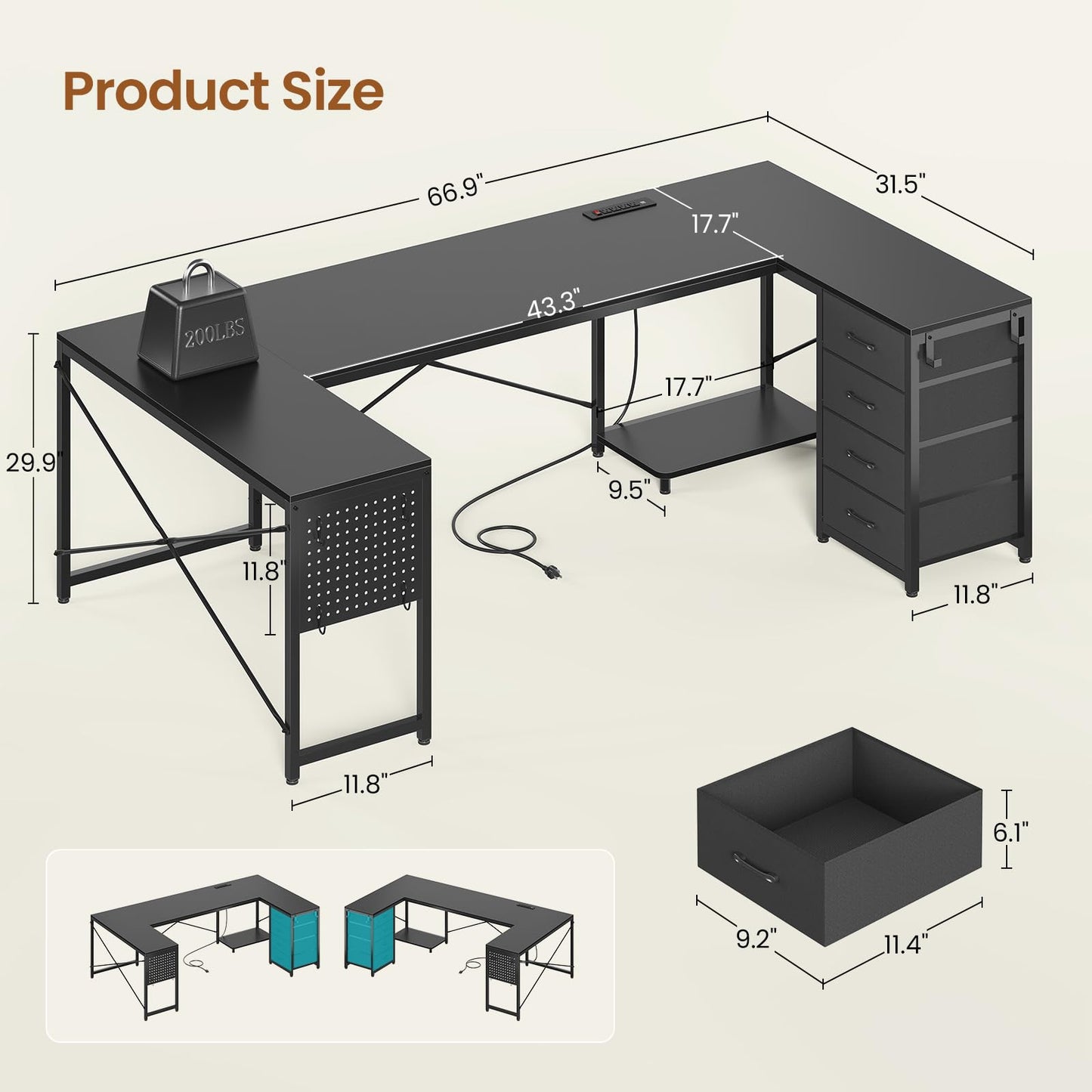 SEDETA 67" U Shaped Desk with 4 Fabric Drawers, Reversible Corner Computer Desk with Power Outlet & CPU Shelf, L Shaped Office Desk with Pegboard for Home Office, Black