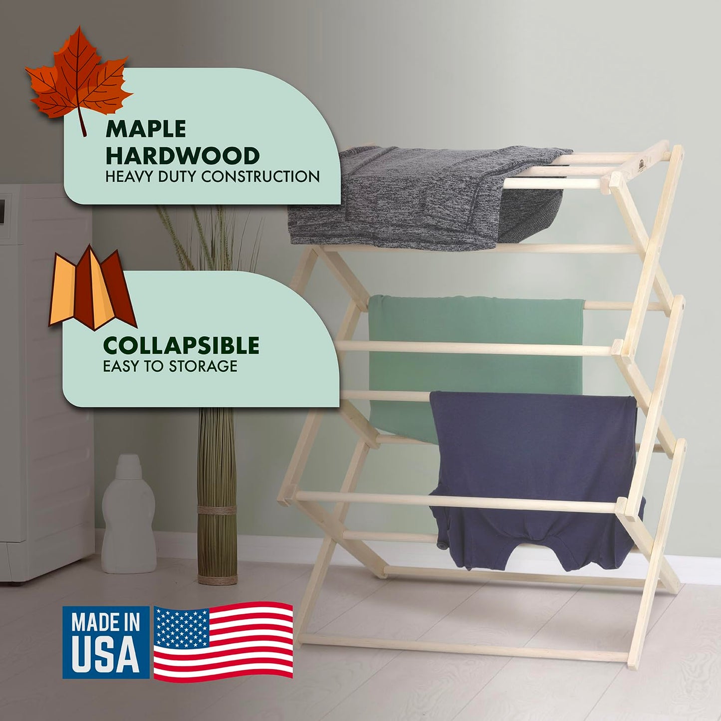 Pennsylvania Woodworks Premium American Maple Clothes Drying Rack - Extra Large Wall Clothes Drying Rack, Collapses to 35" x 20" x 8", Handcrafted in Pennsylvania