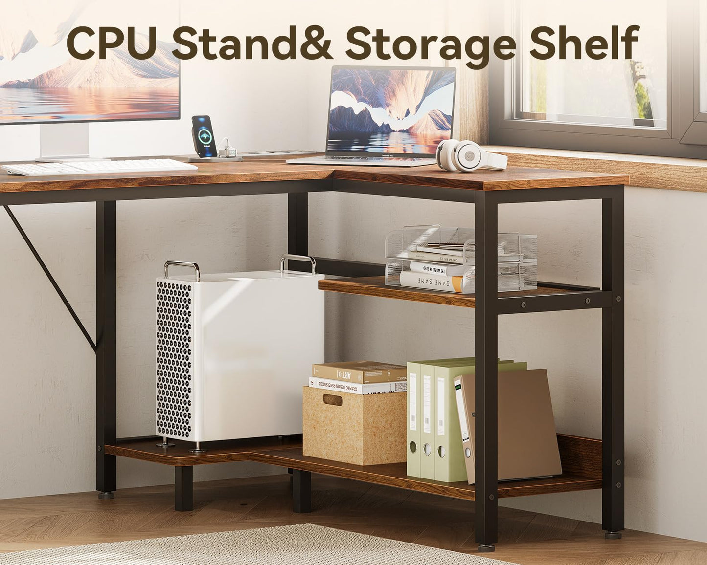 Casaottima L Shaped Desk with Drawers & File Cabinet, Reversible Computer Desk with Storage Shelves & CPU Stand, Corner Desk with Power Outlets, L Desk for Home Office, Rustic Brown