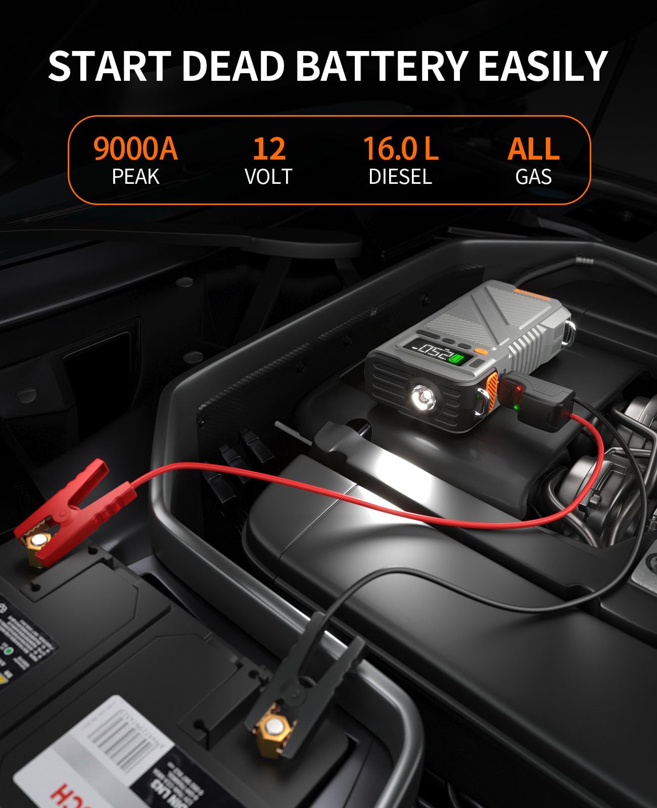 Car Jump Starter with Air Compressor 9000A, 9 in 1 Jumper Box for Car Portable 12V Jump Pack(All Gas/16L Diesel) Combo 150 PSI Tire Inflator & Air Inflator/Deflator Pump w/Extended Jump Cable