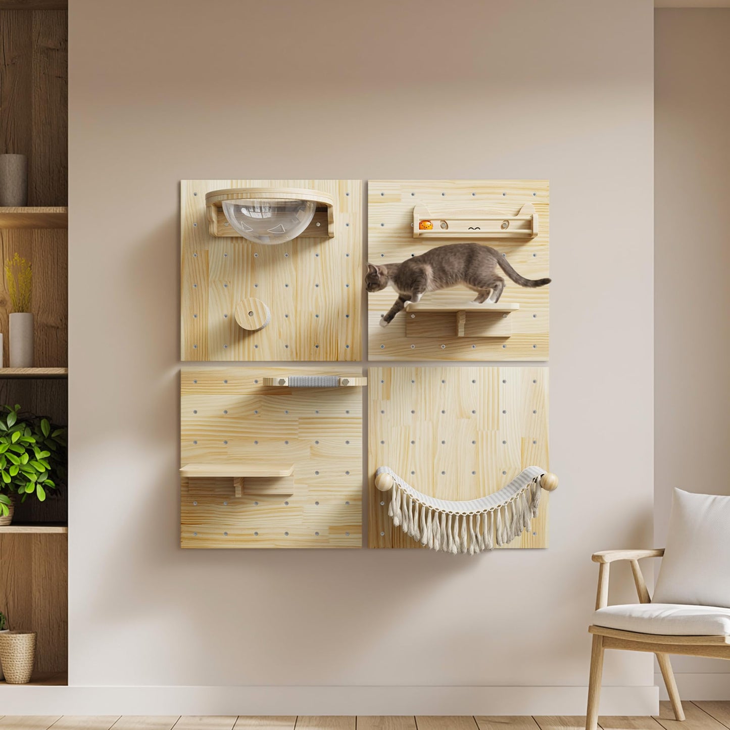 Ardilla & Co. Cat Wall Furniture – Wall-Mounted Modular Wooden Boards with 7 Moveable Accessories, Cat Wall Shelves, Hammock, Climber Steps, Perches, Walkways, Toy & Acrylic Bowl!