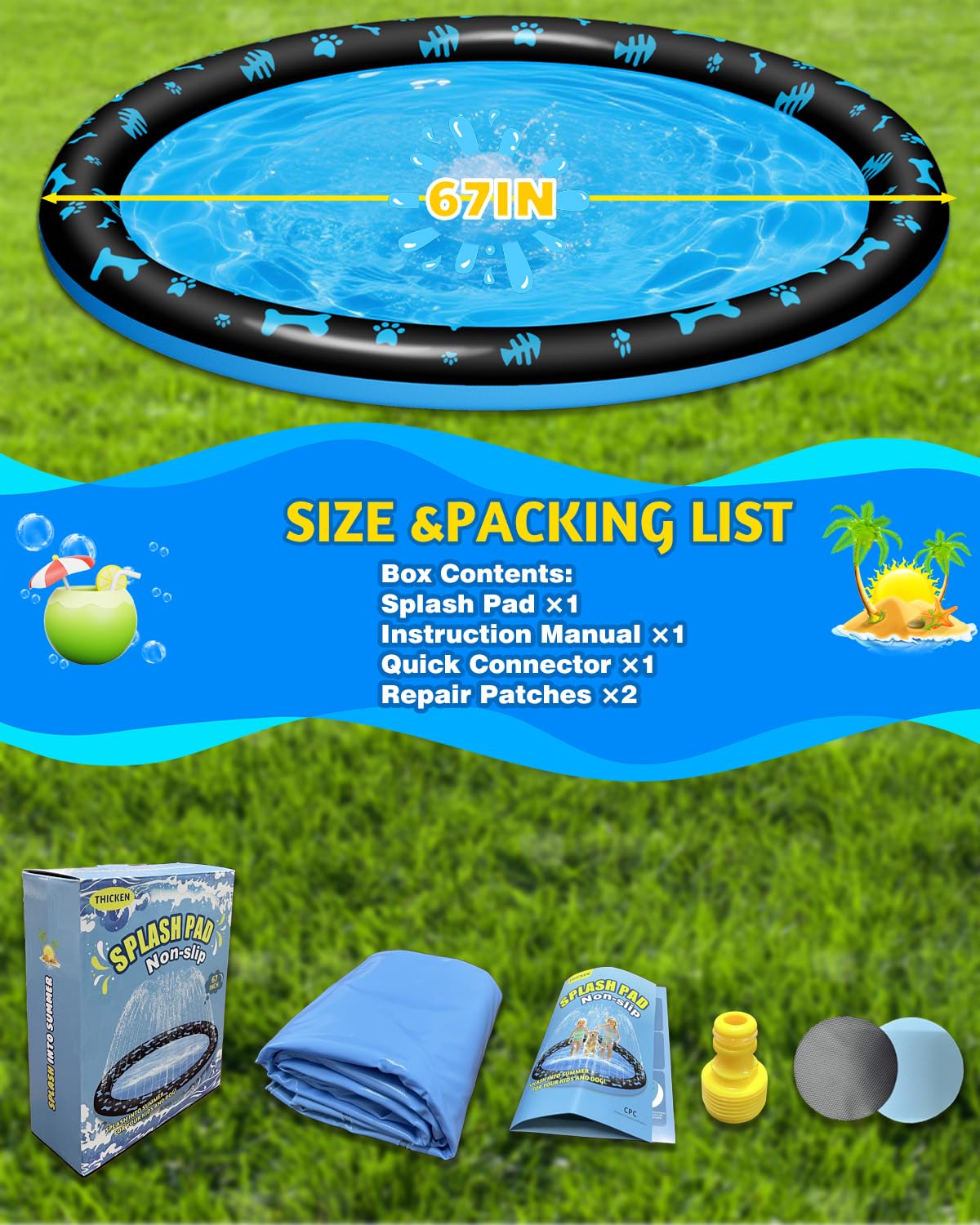 67" Splash Pad for Kids and Dogs, Non-Slip Sprinkler Play Mat, Outdoor Water Toys for Toddlers 1-3 & Kids Ages 4-8, Backyard Summer Water Play