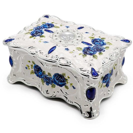 AVESON Luxury Vintage Rectangle Metal Alloy Jewelry Box Trinket Organizer Storage Box with Rose Pattern for Women, Girls, Two-Layer Design, White & Blue, Large