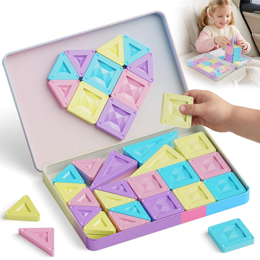 STEM MATCH Mini Magnetic Tiles Girls Travel Set: 40 PCS Macaron Building Block with Tin Box - 90 Mins Quiet Play 45s Cleanup - Fly Trip Road Trip Toys for Kids Age 3 4 5 6