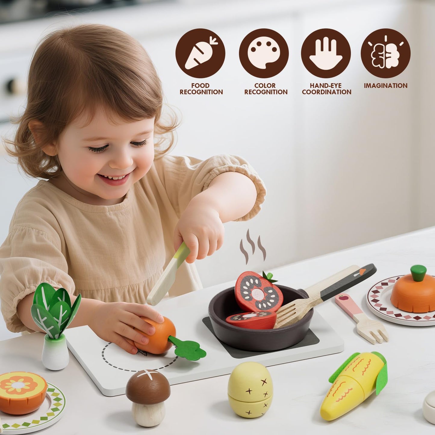Wooden Play Food Sets for Kids Kitchen, Farm to Table Play Kitchen Accessories, Cooking Set for Kids 3-5, Pretend Cutting Food Toys Girls & Boys
