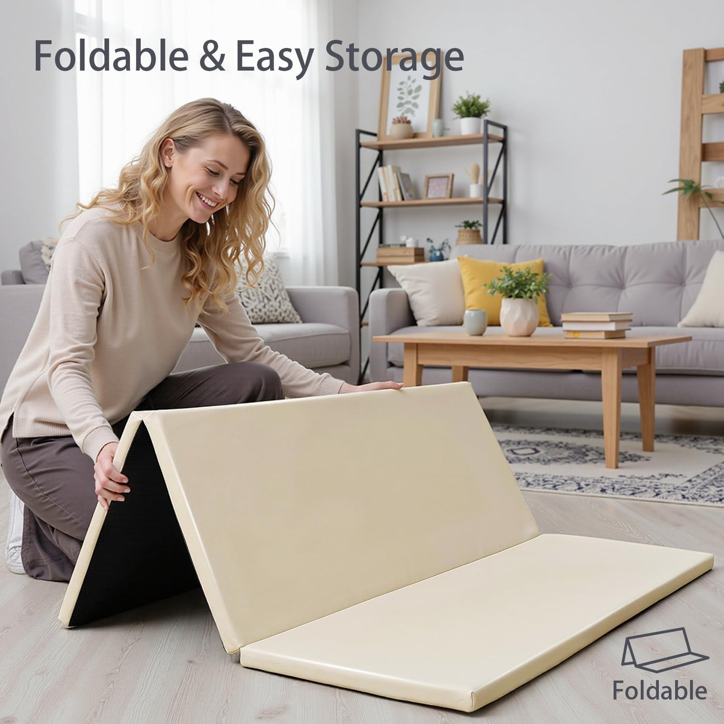 TODIBY Foam Baby Play Mat: PU Leather Waterproof Kids Playmat - Trifold Floor Mat - Large Play Mat for Playpen Thick Pad Fodable Mattress Soft Toddler Mattress Infant Cushion for Preschool (Beige)