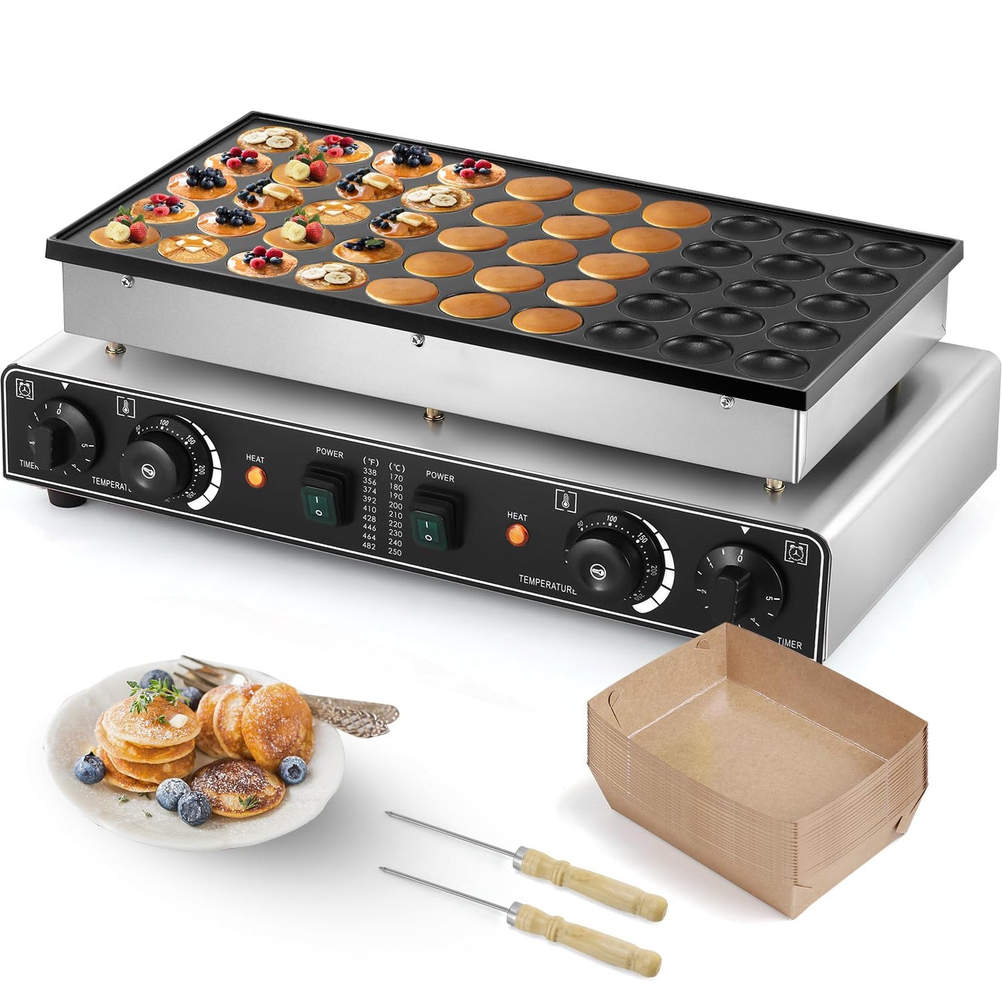 Moongiantgo Mini Dutch Pancake Maker 50PCS, Commercial Non-stick Pancake Baker Machine 50-300℃ Temp and 0-5 Time Control Electric Muffin Maker Stainless Steel for Home and Restaurants, 110V