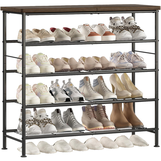 SUOERNUO Shoe Rack Organizer 5 Tier for Closet Entryway Free Standing Metal Storage Shoe Shelf with MDF Top Board，Black+Rustic Brown