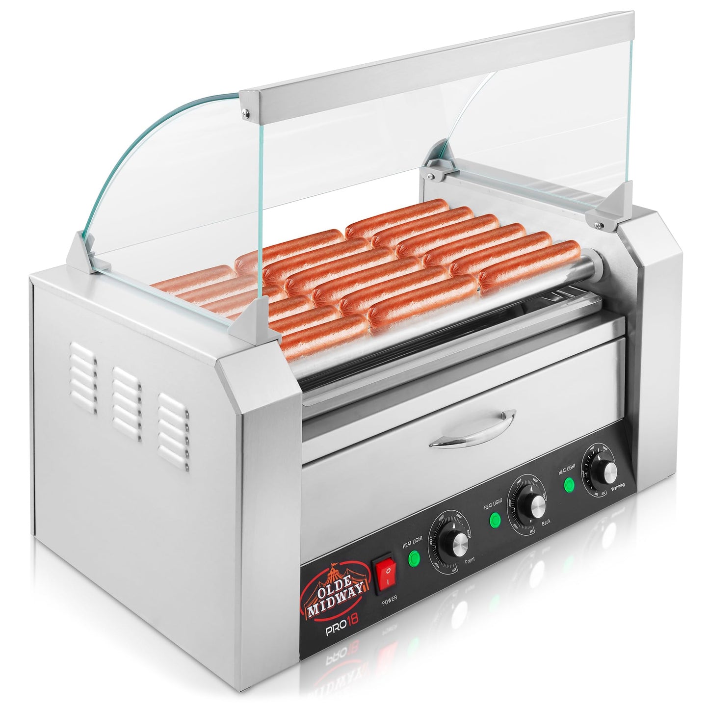 Olde Midway Electric 18 Hot Dog 7 Roller Grill Cooker Machine with Bun Warming Drawer and Cover - Commercial Grade, Stainless Steel