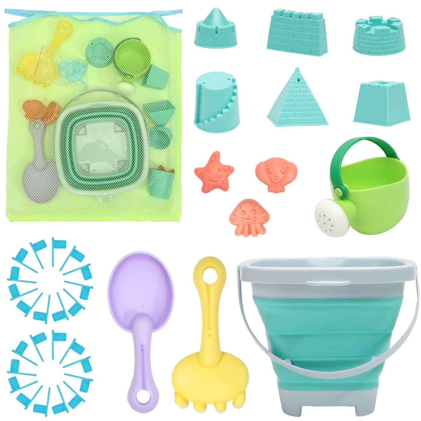 RACPNEL Beach Toys Sand Set for Kids, Collapsible Bucket and Shovels with Mesh Bag, Molds, Flags, Sandbox Kids Toddlers, Travel (Tavel Size)