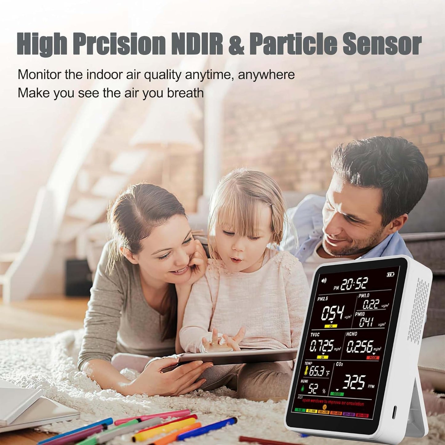 Professional Indoor Air Quality Monitor with AQI Alarms, Portable Real-Time Detector for Home Cars Plants and Pets (Cold White)