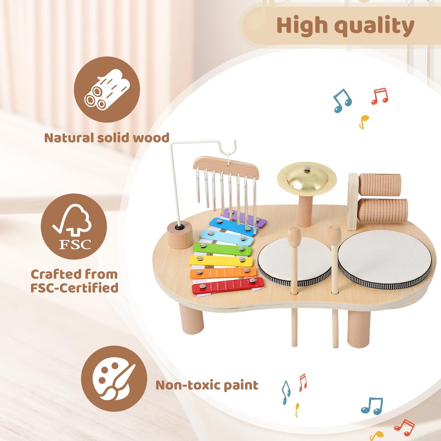Promise Babe Wooden Drum Set for Toddlers 1-3, Musical Percussion Instruments for Kids Baby Drum Set Xylophone, Montessori Educational Musical Toys for Girls Boys Ages 3+