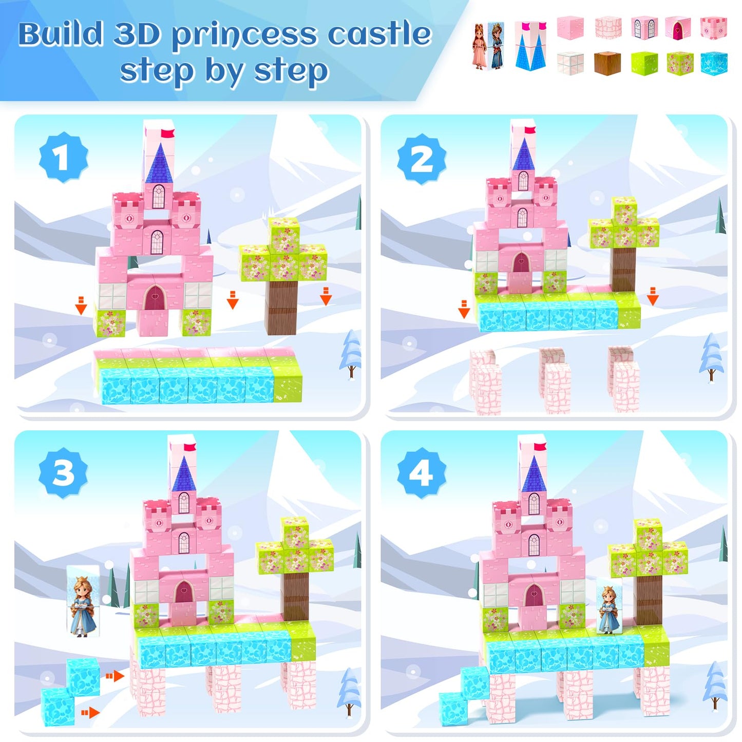Hiwawind Updated Princess Magnetic Blocks for Girls, Princess Castle Magnetic Building Toys, STEM Montessori Sensory Toys for Toddlers 3-4 5-6 7-8, Creative Birthday Gifts for 3+ Year Old Girl