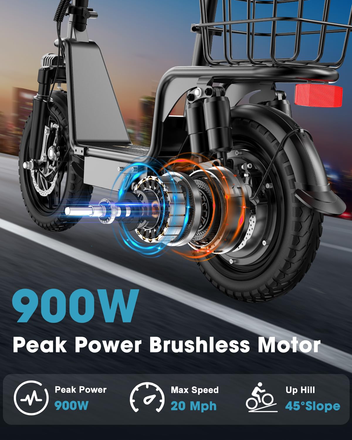 INSDRGN Peak 900W Electric Scooter for Adults with Seat, 48V 10.4Ah Li Battery, 28 Miles Range, 20MPH Commuter E-Scooter with Basket, Max 330LBS, UL2849 Certified, C14 Black