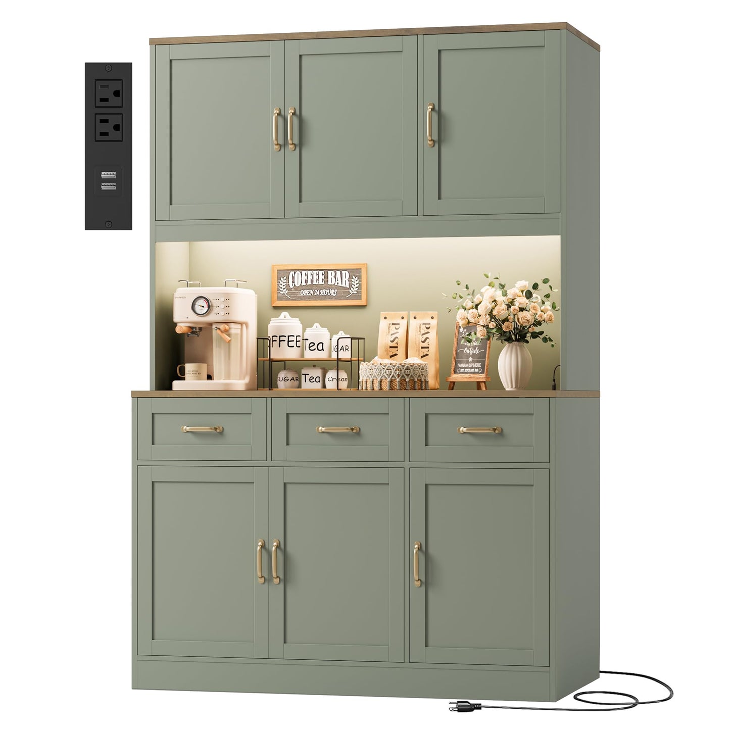HOSTACK 72" Tall Kitchen Pantry Cabinet with Charing Station | LED Lights, 47" W Kitchen Pantry Storage Cabinet with Countertop, Modern Kitchens Hutch Cabinets with Storage for Dining Room, Green
