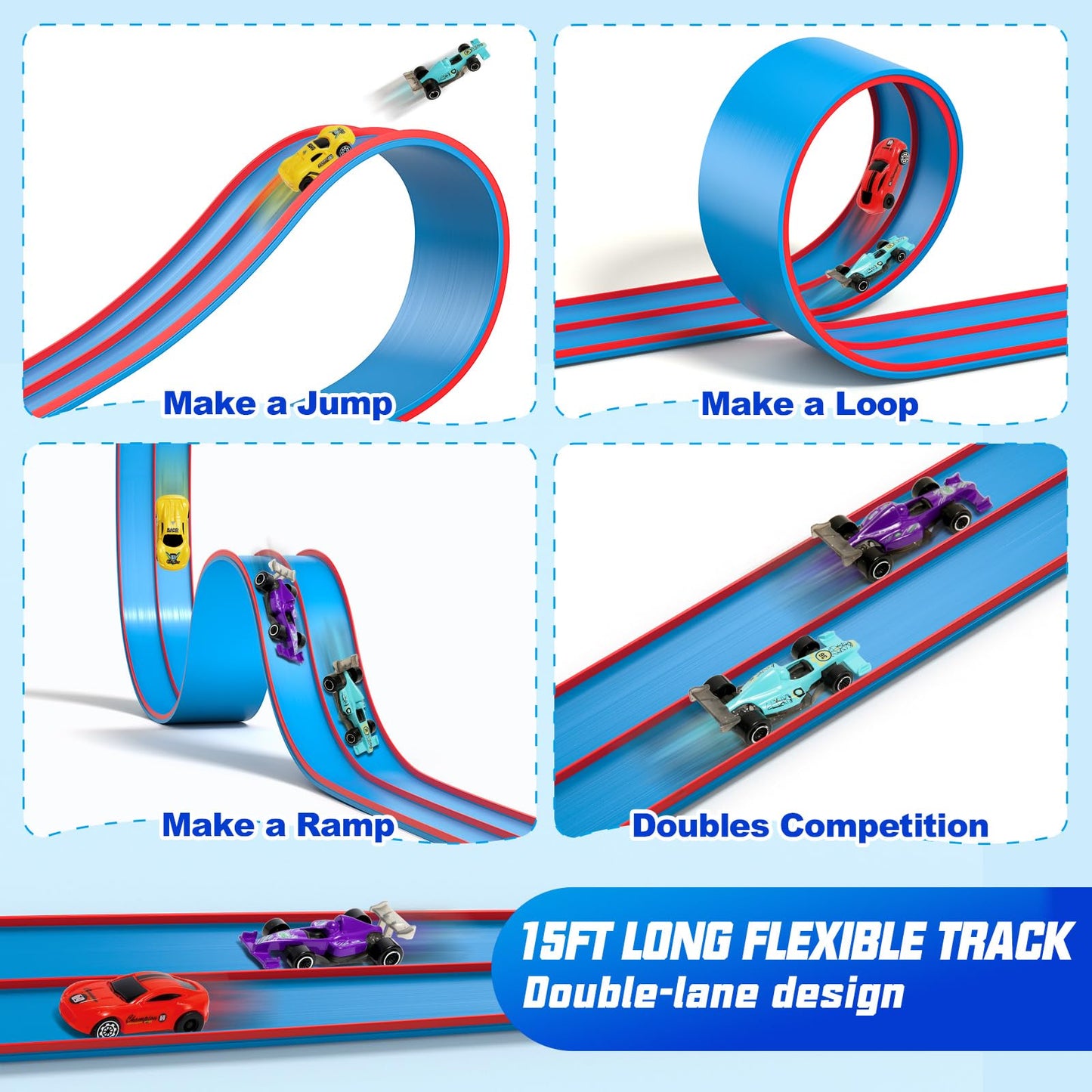 Sunrad 15Ft Flexible Race Car Track Toys for Kids with 4 Car & Suction Cups, Flex Tracks Starter Set Compatible with 1:64 Diecast Cars Portable Rolls Up DIY Racetrack, Gift for Boys Girls Age 3-5 4-8+