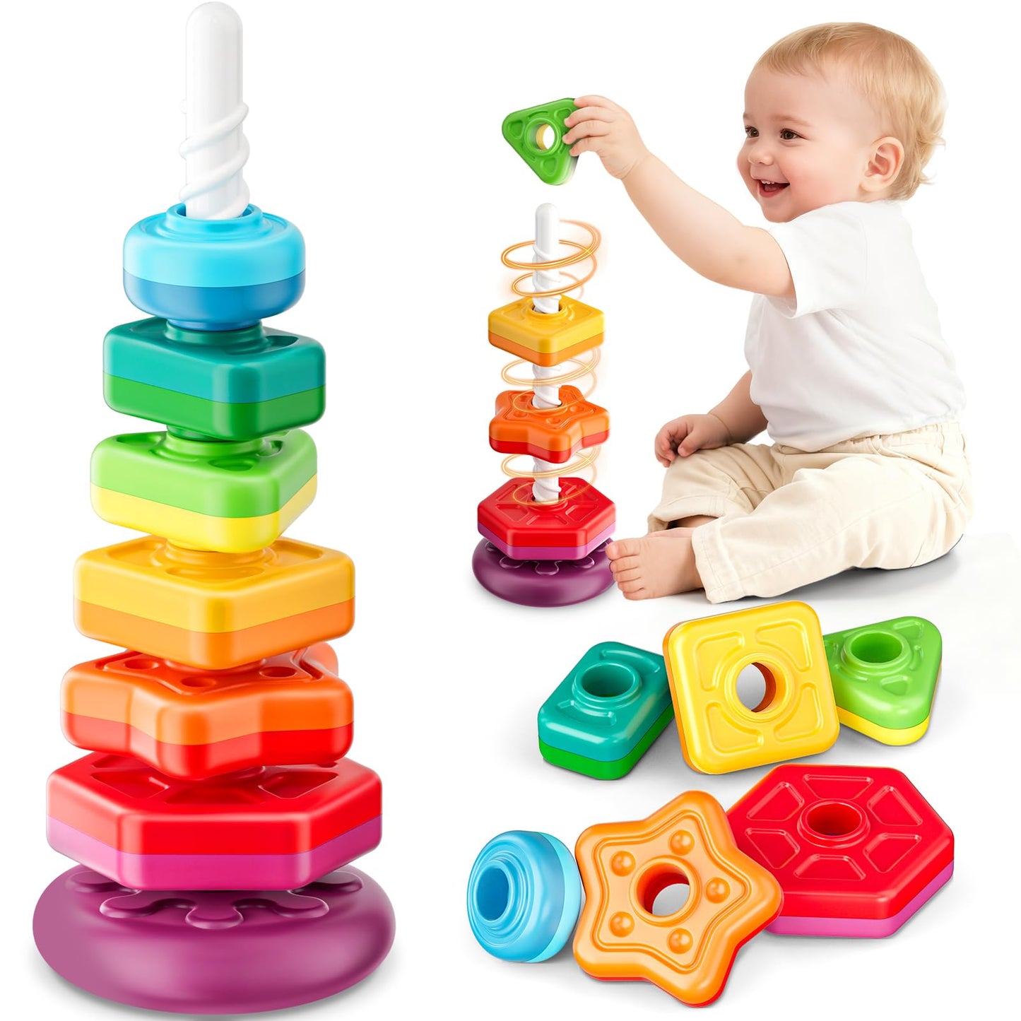 Baby Spinning Stacking Toys for Toddlers 1-3, Sensory Montessori Toys for One Year Old Girl Boy, Rainbow Ring Stacker Tower, Educational Learning Toy, Perfect Easter Christmas Birthday Gifts