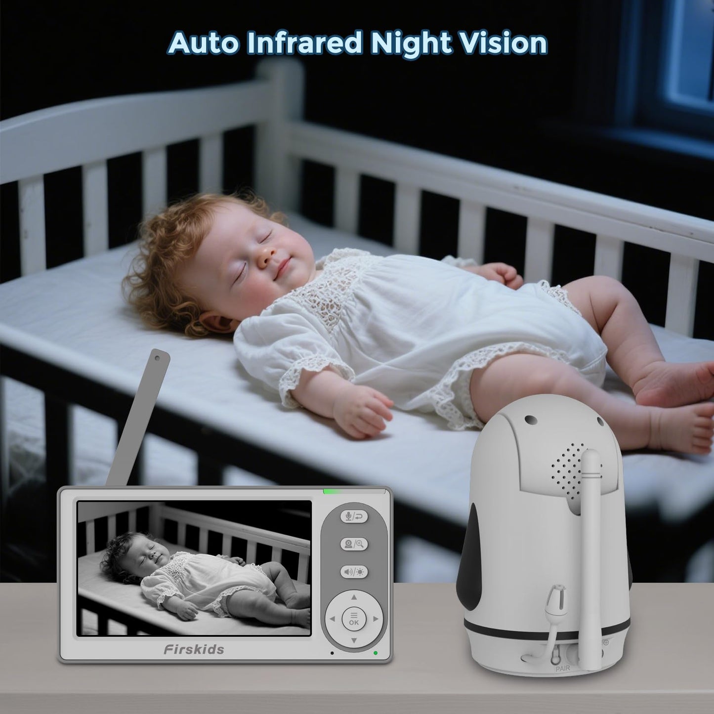 Firskids Baby Monitor no WiFi Needed, Long Range Baby Monitor with Camera and Audio, Pan-Tilt-Zoom Baby Camera Auto Night Vision VOX Lullabies 2-Way Audio