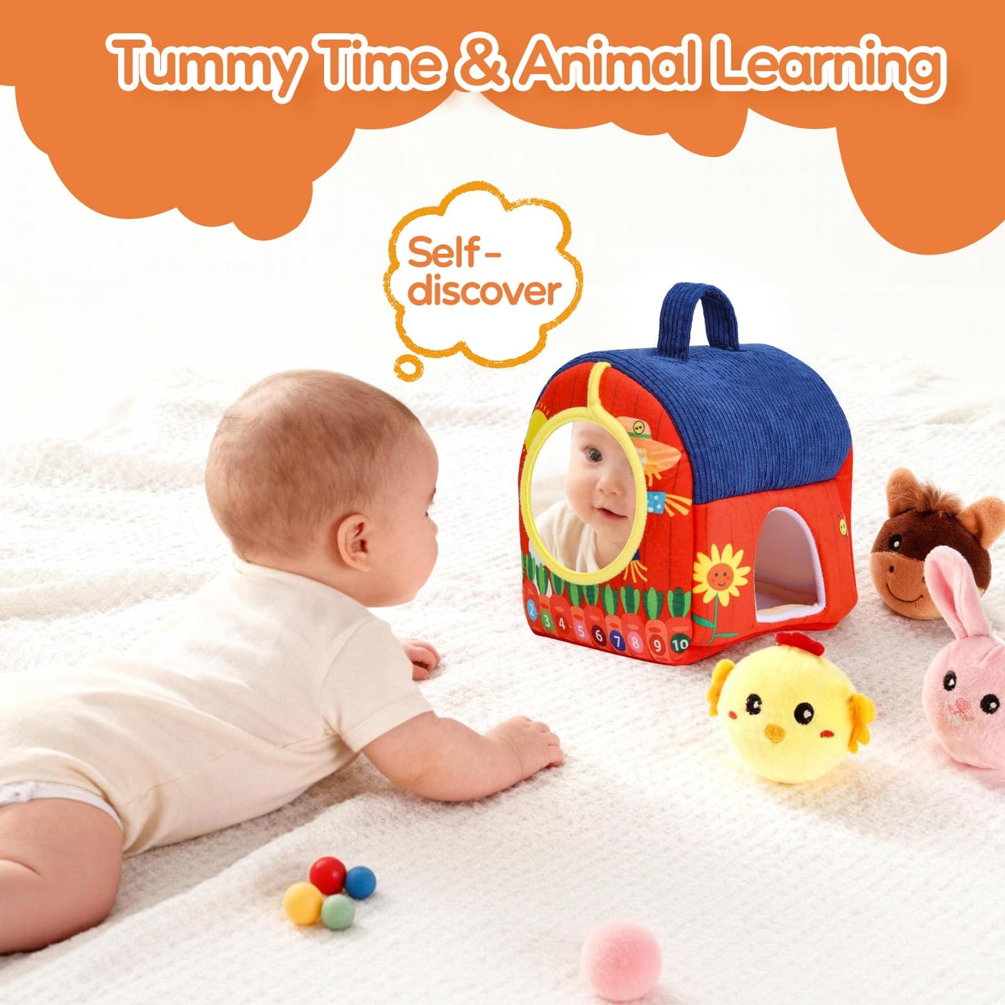 ZXHWTG Baby Toys 6-12 Months, Soft Barn Montessori Sensory Infant Toy for 6 7 8 9 10 Month Old, 1st Birthday Baby Gifts for 1 Year Old Boy Girl, Stuffed Farm Animals, Rattle Squeaky Crinkle Sound