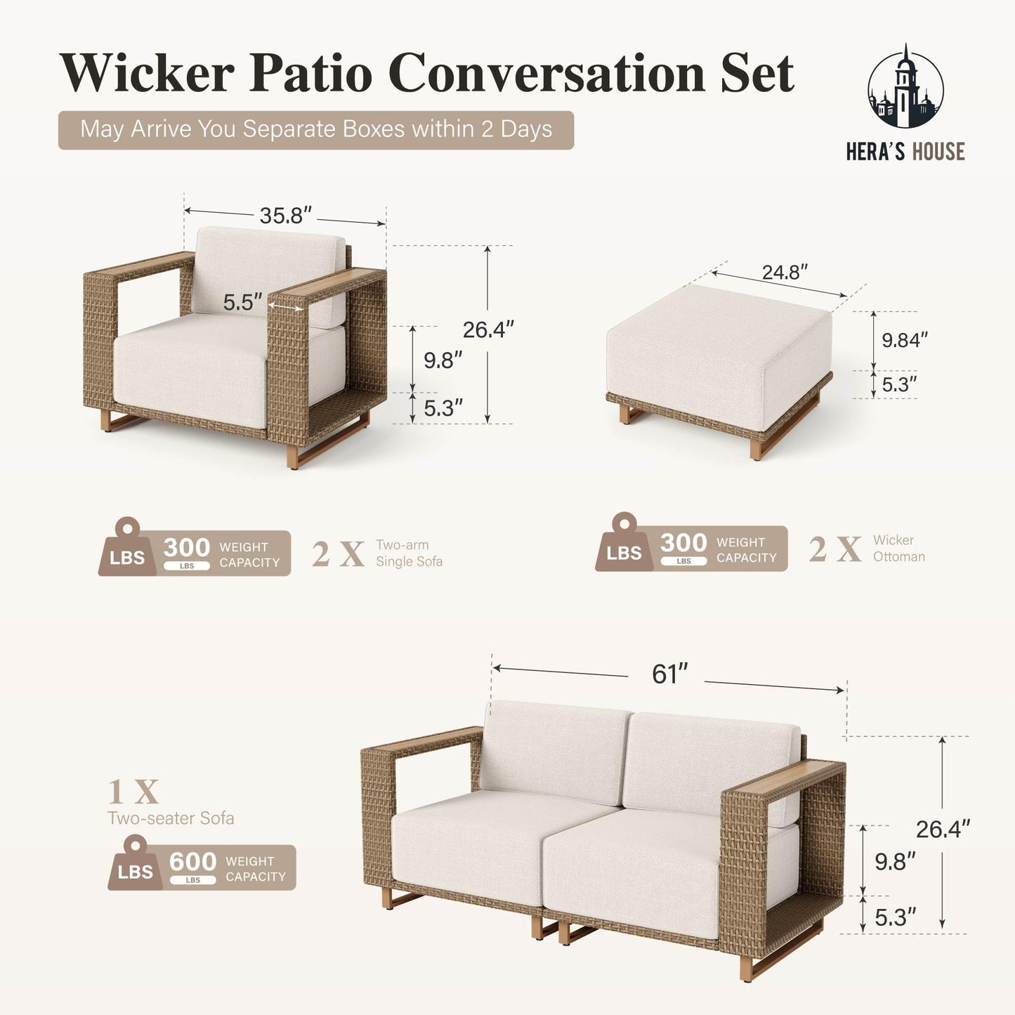 HERA'S HOUSE 8 Pieces Patio Furniture Set,Outdoor Sectional Rattan Wicker Sofas,2 Swivel Armchairs with Ottomans, All Weather Couch Set, 10" Ultra Thick Cushion for Garden and Lawn