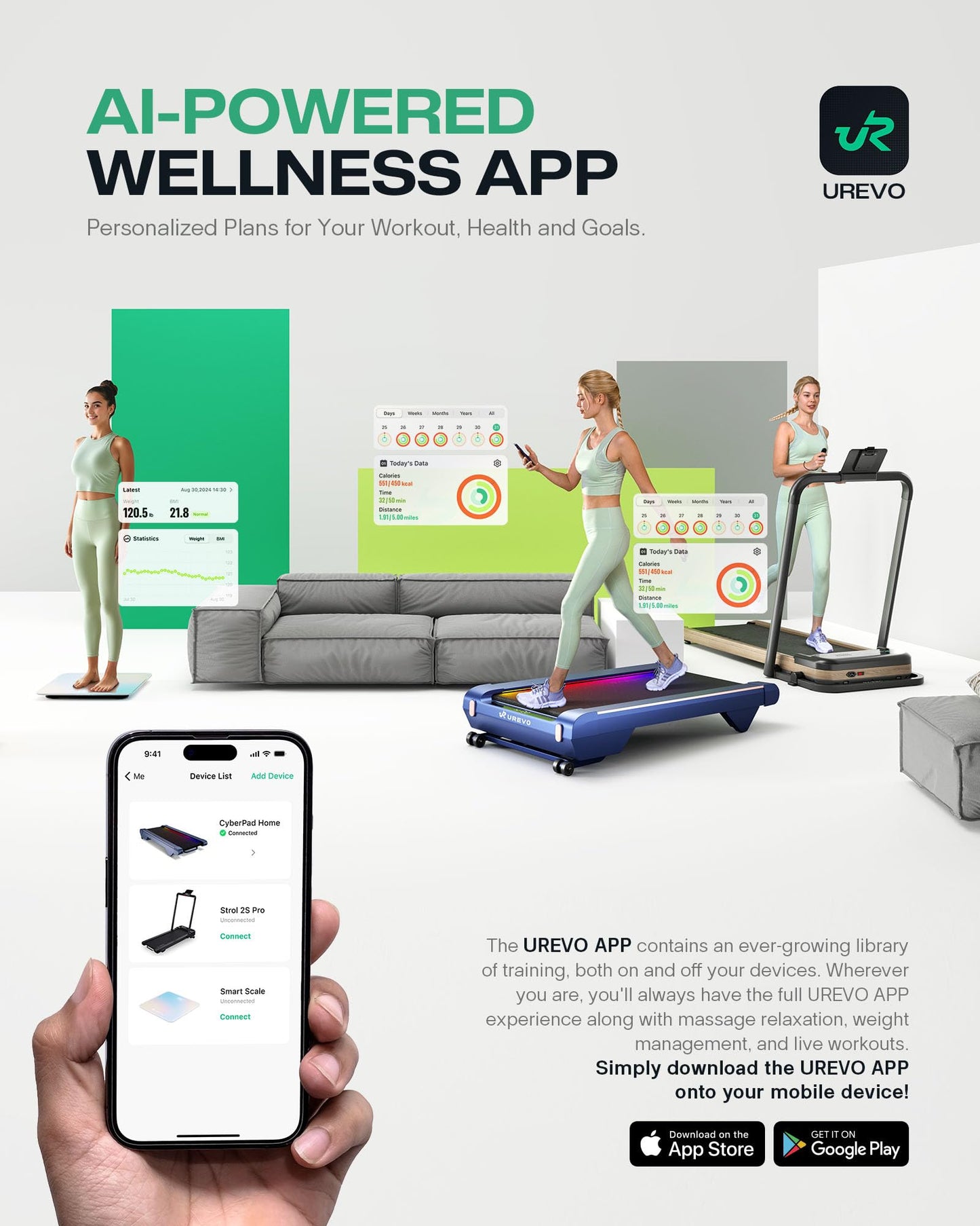UREVO Smart Walking Pad, Standing Desk Treadmill with Double Shock Absorption, Quiet Operation, Workout APP with Track Insights and MIIT Mode, Plug and Play, Remote or APP Control for Home Office